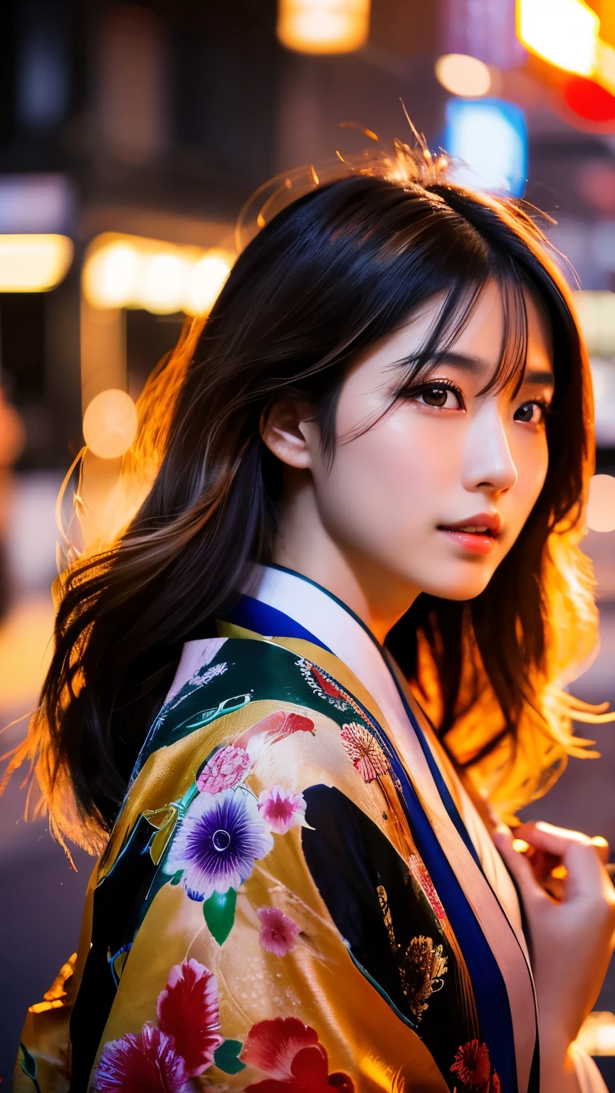 Beautiful Japanese supermodel woman, A lock of hair with slight highlights, black eyes, mixed media, Sexy，street background，Gorgeous kimono , Liquid color flows across her face, sunset，Photographed by Wang Luodan，god of wealth