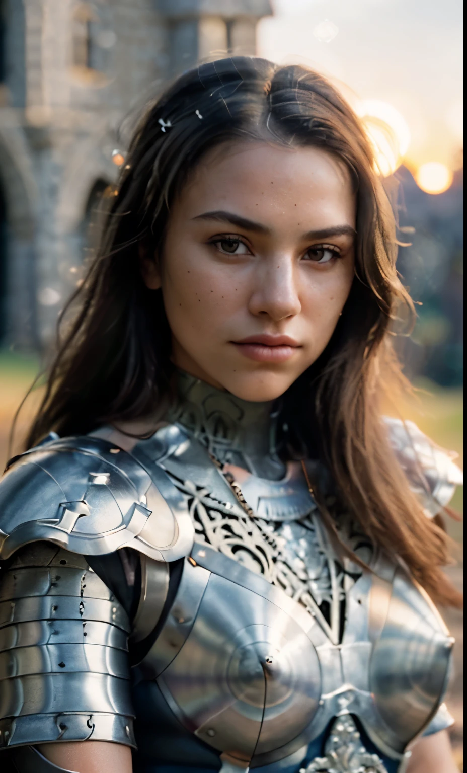 (masterpiece), (extremely intricate:1.3), (realistic), portrait of a girl, the most beautiful in the world, (medieval armor), metal reflections, upper body, outdoors, intense sunlight, far away castle, professional photograph of a stunning woman detailed, sharp focus, dramatic, award winning, cinematic lighting, octane render unreal engine, volumetrics dtx, (film grain, blurry background, blurry foreground, bokeh, depth of field, sunset, motion blur:1.3), chainmail