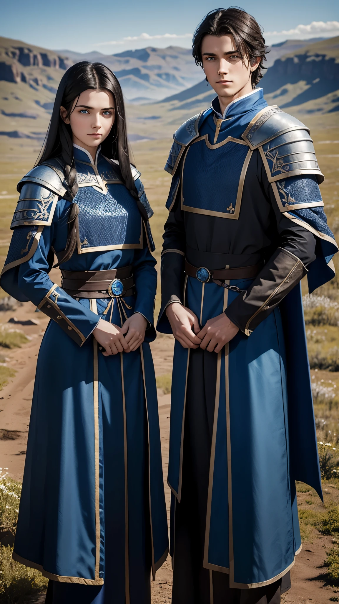 20 year-old (twin brother and sister) standing side-by-side, dark hair and blue eyes, clerics of Desna, from Pathfinder, wearing blue tabards over chainmail shirts, wild plains background