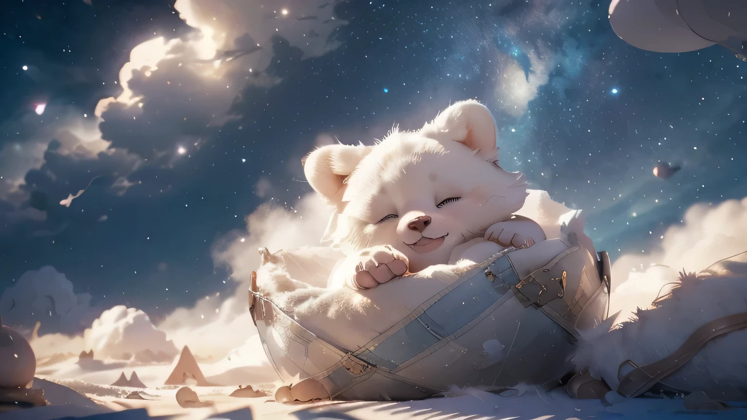 there is a white bear that is sleeping on a cloud, sweet dreams, sleep with love, sleepy, trending on cgstation, sleep, sleeping, dreamy night, dreamy, .. if only i could sleep, dreamworks animation style, good night, cold freezing nights, animated film, wojtek fus, dreamtime, animated movie, dreamy illustration, cute 3 d render