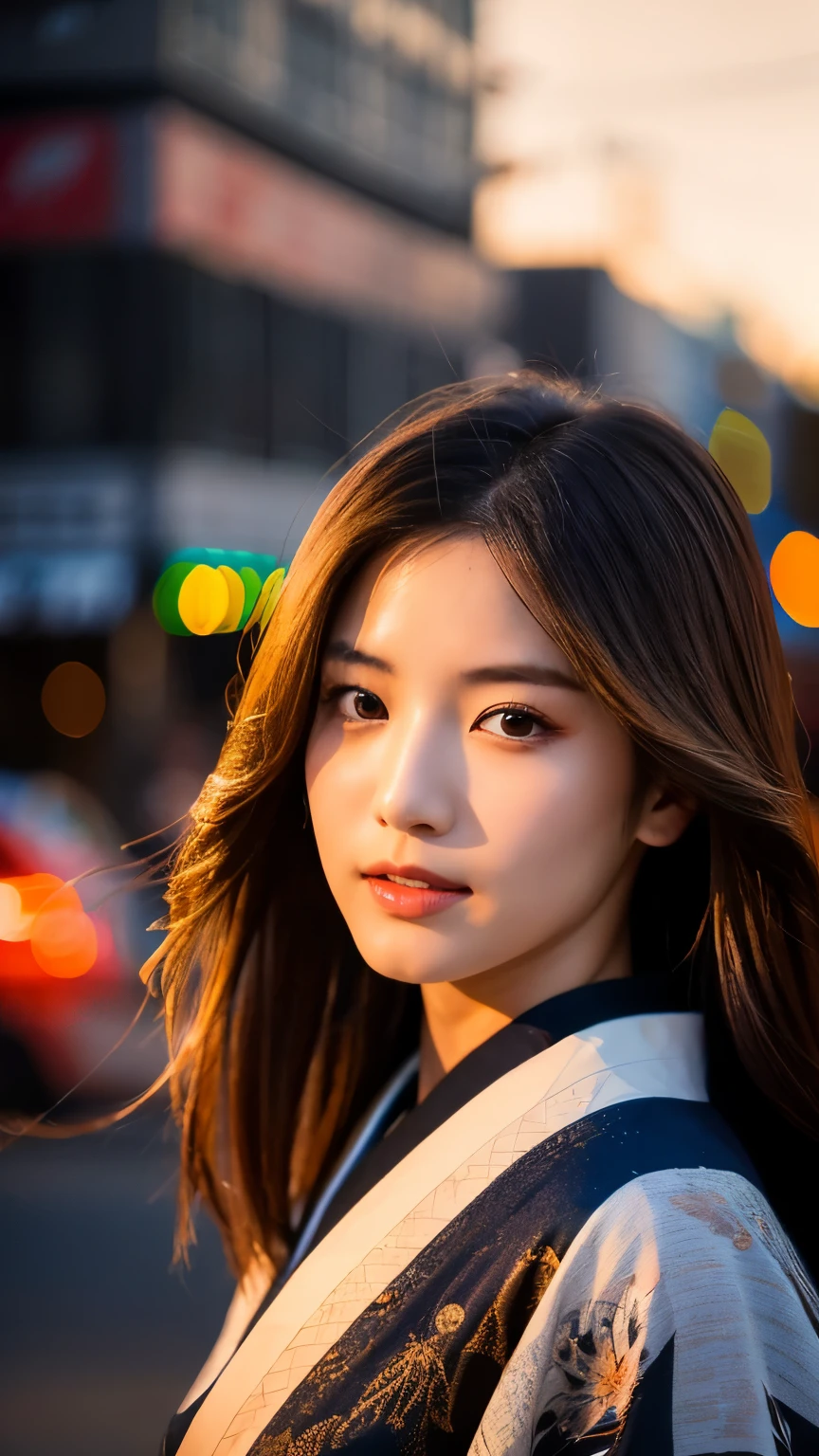 Beautiful Japanese supermodel woman, A lock of hair with slight highlights, black eyes, mixed media, Sexy,street background,Gorgeous kimono , Liquid color flows across her face, sunset,Photographed by Wang Luodan,god of wealth