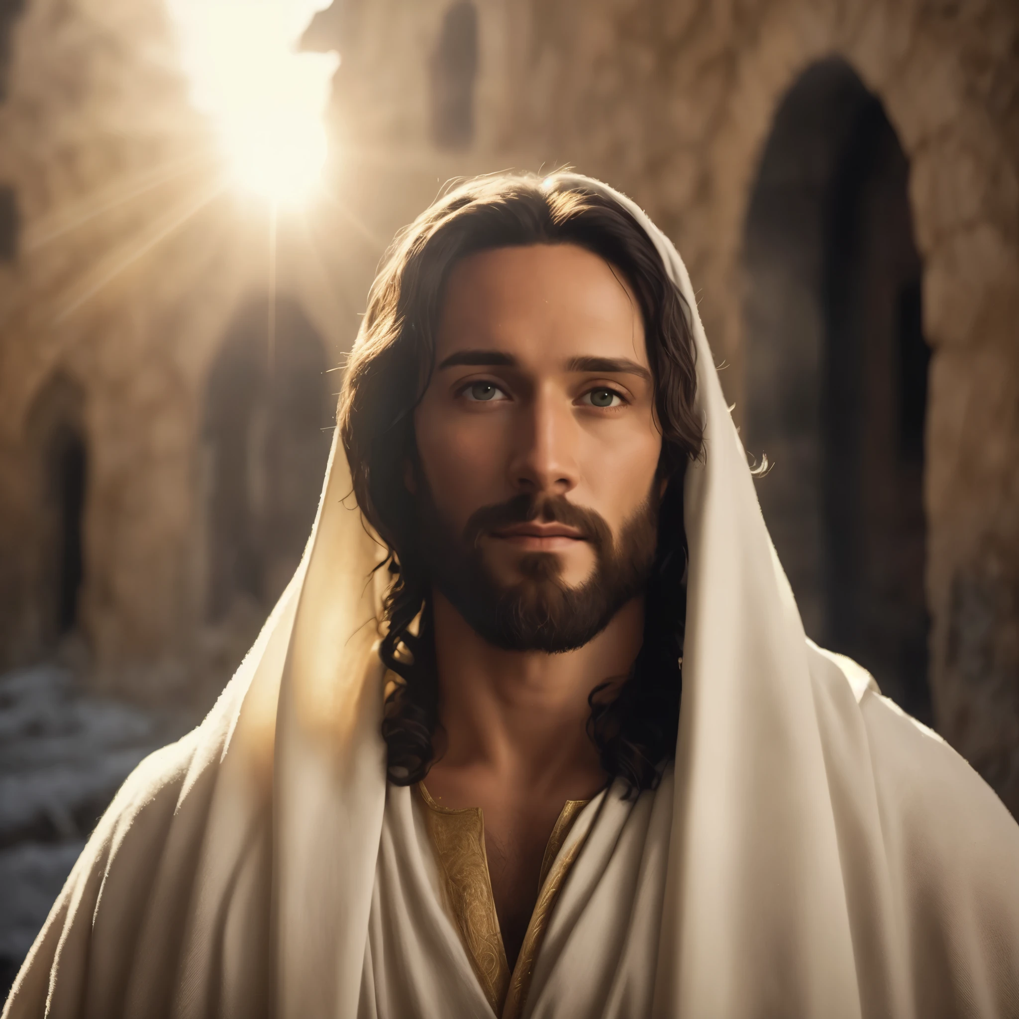 Jesus is standing in a street with a sun shining behind him, Jesus christ, Jesus of nazareth, Greg Olsen, portrait of Jesus christ, dressed like Jesus christ, Jesus face, Jesus, O Senhor e Salvador, Jesus christ in mass effect, he is greeting you warmly, jovem deus todo-poderoso, obra-prima de luz brilhante, tron legacy Jesus christ, gigachad Jesus