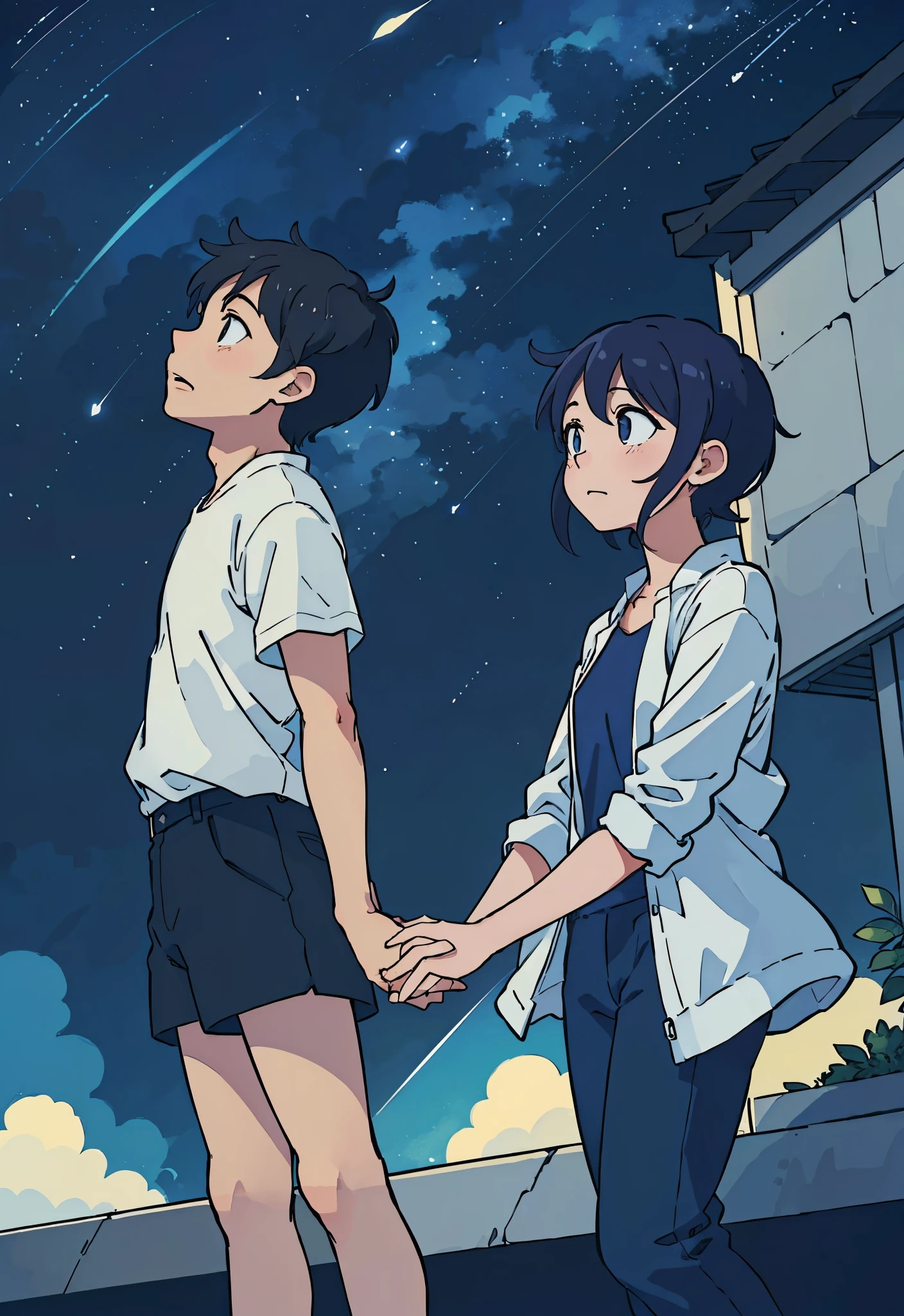 (best-quality:0.8), (best-quality:0.8 Perfect anime art: illustration of a couple looking at the night sky, kimi no nawa inspired illustration, couple looking up