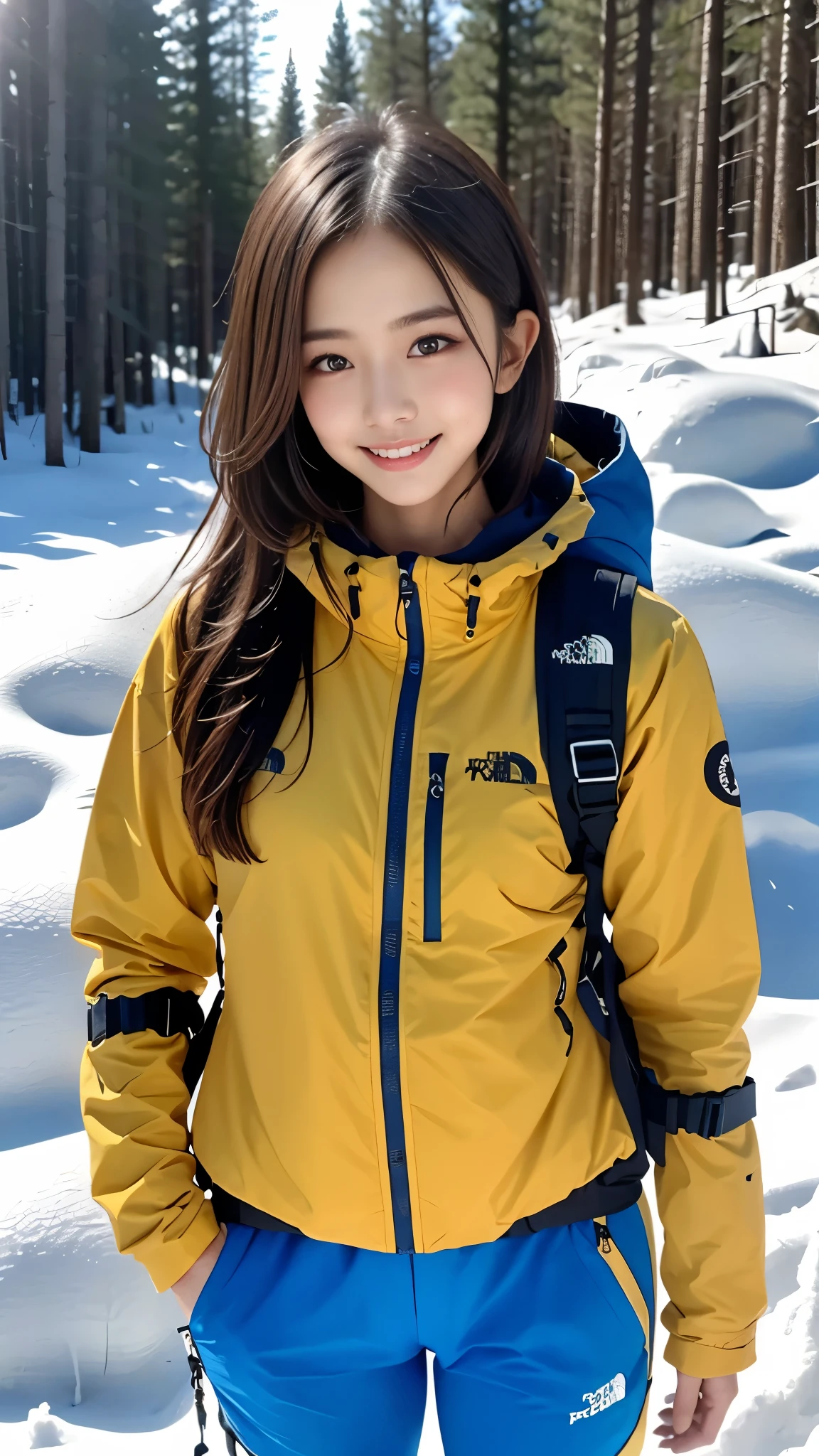 ((Background, Magnificent snow mountain views):1.3, (snow mountain:1.37)), (best quality), (realistic, photo-realistic:1.3), (masterpiece:1.3), CG, unity, 8k, amazing, finely detail, ultra-detailed, ((ultra-detailed)), ((highly detailed CG illustration)), ((an extremely delicate and beautiful)), (cute delicate face), cinematic light, (1girl), solo, Beautiful Woman, 18 years old, nice body, semi long hair, Dark Brown Hair, black symmetric eyes, BREAK ((black mountaineering jacket(the north face), mountaineering clothing, mountaineering, brown trekking-pants), (Carrying a backpack)), (snow mountain:1.37), (Walking along a mountain trail), full body shot, upper eyes, shy smile:1.2, looking in camera