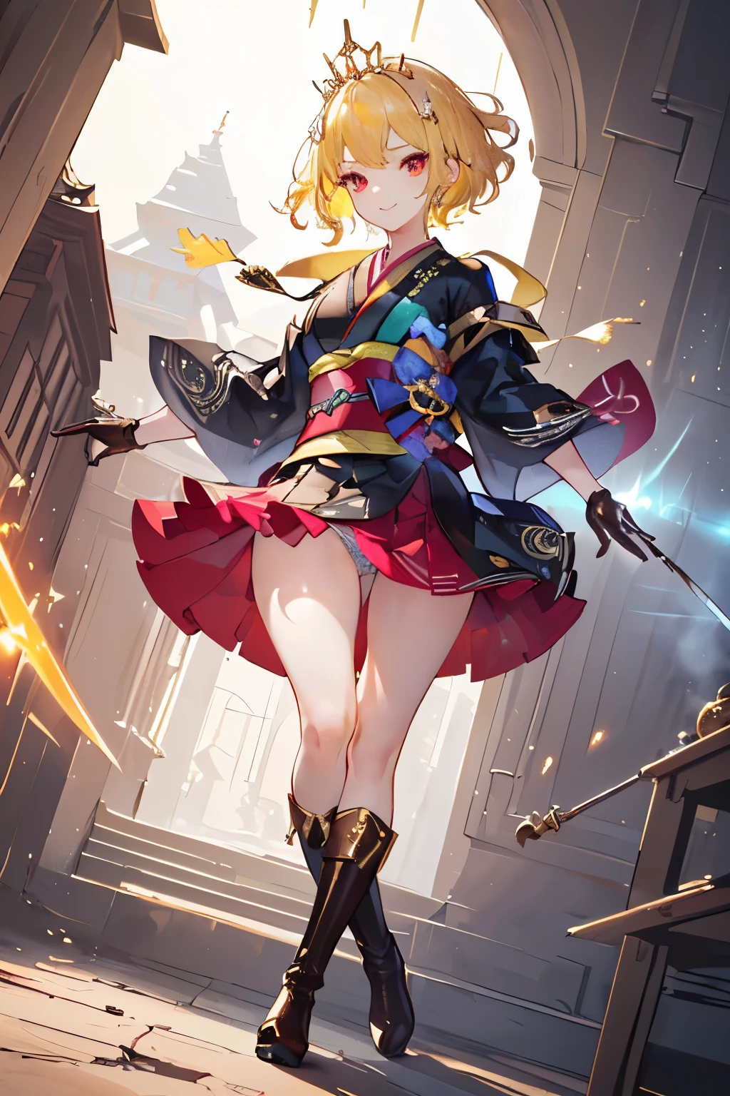 (((1girl))), ((best quality)), ((masterpiece)), ((ultra-detailed)), (illustration), (detailed light), (an extremely delicate and beautiful), (beautiful detailed eyes), (sunlight), ((extremely light)), ((extremely clothes)), (((hyper detail))),(((((front lighting))))),(((((front light))))),
((((quite adorable Leather Kimono with a brief skirt and a tiara)))),
(((Adept Ninja))),
,
(((wavy short manish bob))), ((((yellow gold hair)))), (((short hair))),
(((dark red eyes))),
((((whole body)))), aged 5 to 8, ((((())))), ((((very adorable young girl)))),
((condescending expression)), ((mischievous smile with sexual satisfaction)), (((extra adorable))), (((((extra slender shape))))),
(((((extremely beautiful detailed face))))),
(((dynamically attacking enemies by swords))), (((elegant magic boots))),
(Dutch angle), (((elegant magic gloves))), ((transparent magical underskirt)), (a little bit exposed adorable magical panties)