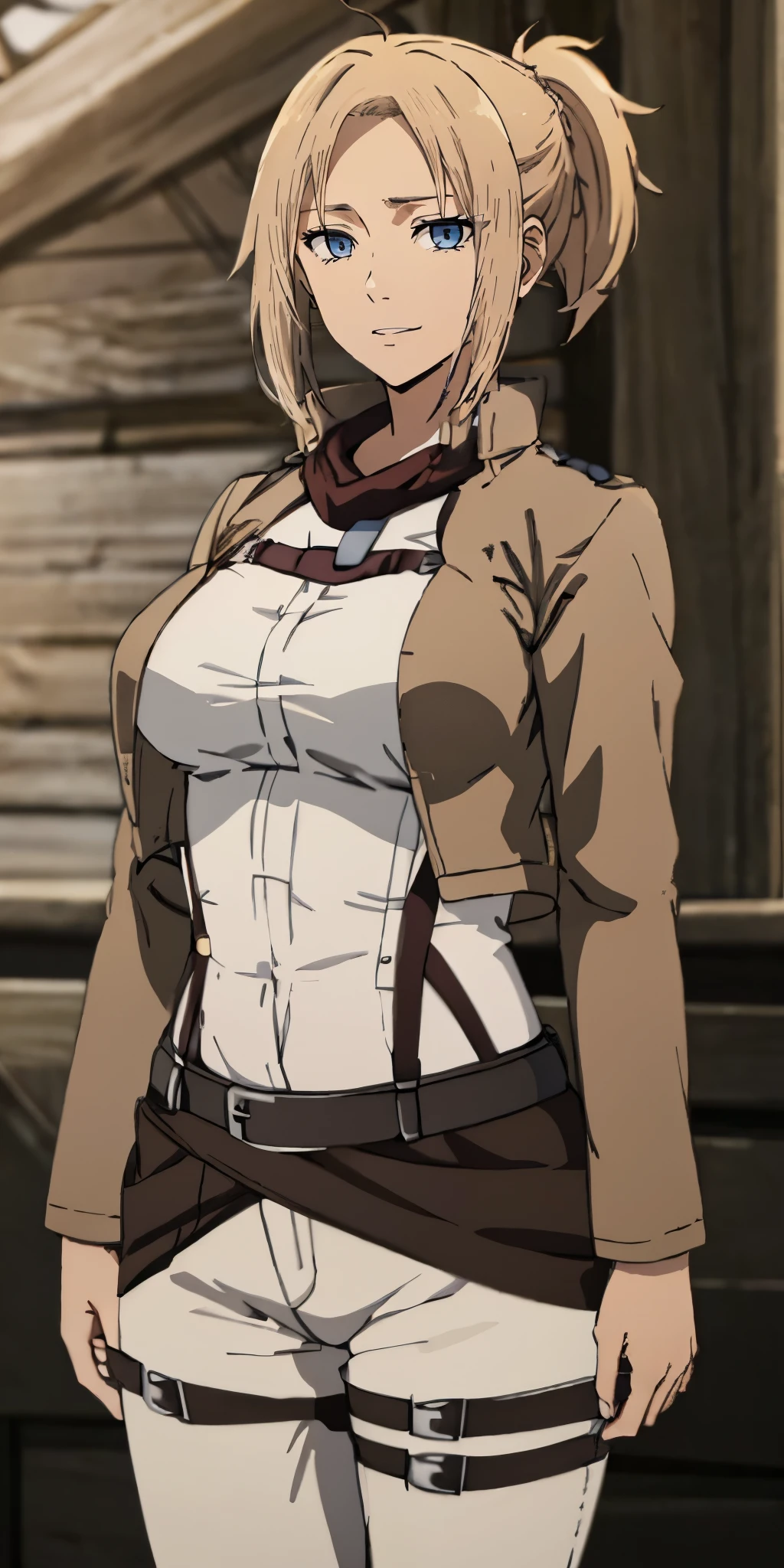 (blonde hair:1.4), blue eyes, low ponytail, large breasts, (best quality, highres, masterpiece:1.2), hmmikasa, scarf, emblem, belt, thigh strap, red scarf, white pants, brown jacket (leather texture), long sleeves, cowboy shot, standing