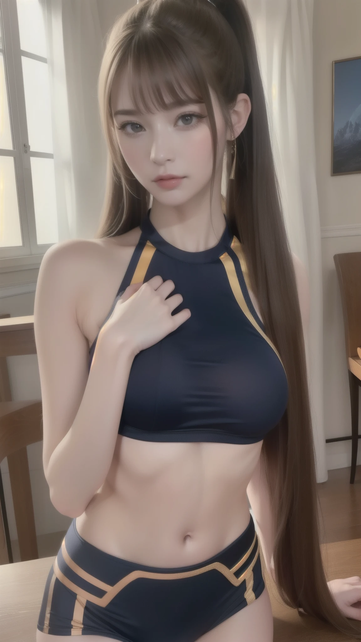 Stretching exercises,(Scenes,fantasy art,Highest image quality,hyperrealistic portrait,(8k),surreal,best quality,high quality,HD,High quality texture,high detail,Beautiful detailed,fine detail,Extremely detailed CG,Detailed texture,True representation of face,on the table,present,Dynamic,bold),1 gil,Super fine skin,curve,,beautiful breasts,big breasts,pale skin,Pointed chest,Nipples erect,ponytail,(ultra thin hair),(super soft hair),(super straight hair),Sweep long bangs,very light copper amber hair,hair covering one eye,Gym suit