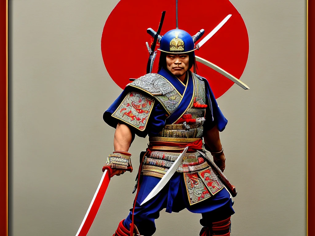 best quality,ultra-detailed,realistic samurai portrait,classic Japanese art,traditional kimono,sharp katana,ornate armor,calm expression,strong warrior,decorative helmet,dramatic lighting,onyx background,vibrant colors,delicate brushstrokes,meticulous details,subtle textures,studio photography,authentic representation,Ancient Japan,stoic gaze,graceful movement,skilled swordsman,warrior spirit,valor and honor,peaceful nature,bushido code,samurai tradition,enduring legacy,traditional Japanese brushwork,vivid reds and golds,symbolic cherry blossoms,dynamic composition,artistic mastery,idealized hero,fierce loyalty,majestic presence,exquisite craftsmanship,legendary figure,mythical warrior,unyielding resolve,serene aura,inspiring strength,distinguished samurai,legendary samurai,defender of justice,spiraling patterns.