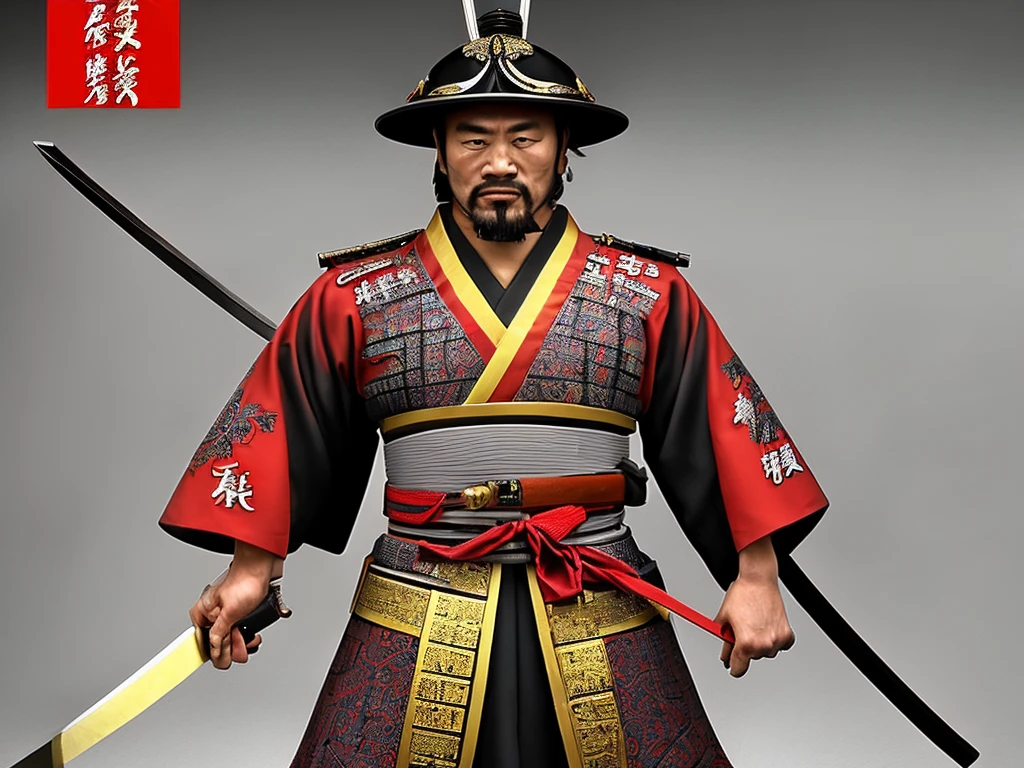 best quality,ultra-detailed,realistic samurai portrait,classic Japanese art,traditional kimono,sharp katana,ornate armor,calm expression,strong warrior,decorative helmet,dramatic lighting,onyx background,vibrant colors,delicate brushstrokes,meticulous details,subtle textures,studio photography,authentic representation,Ancient Japan,stoic gaze,graceful movement,skilled swordsman,warrior spirit,valor and honor,peaceful nature,bushido code,samurai tradition,enduring legacy,traditional Japanese brushwork,vivid reds and golds,symbolic cherry blossoms,dynamic composition,artistic mastery,idealized hero,fierce loyalty,majestic presence,exquisite craftsmanship,legendary figure,mythical warrior,unyielding resolve,serene aura,inspiring strength,distinguished samurai,legendary samurai,defender of justice,spiraling patterns.