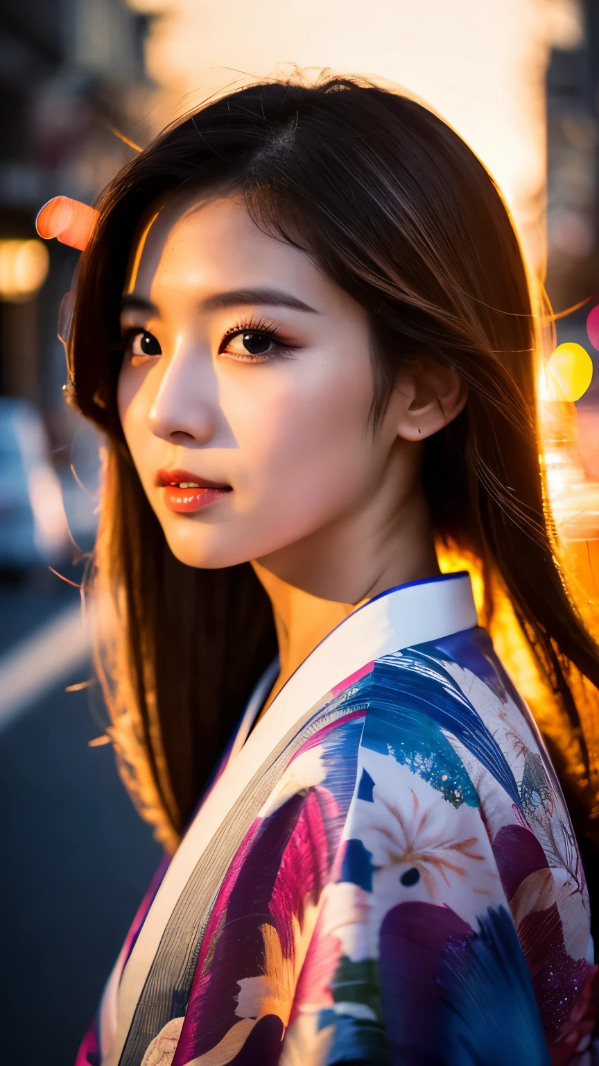 Beautiful Japanese supermodel woman, A lock of hair with slight highlights, black eyes, mixed media, Sexy,street background,Gorgeous kimono , Liquid color flows across her face, sunset,Photographed by Wang Luodan,god of wealth