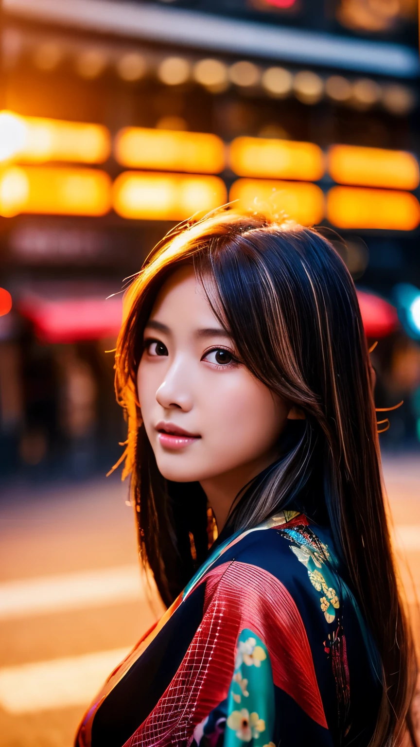 Beautiful Japanese supermodel woman, A lock of hair with slight highlights, black eyes, mixed media, Sexy，street background，Gorgeous kimono , Liquid color flows across her face, sunset，Photographed by Wang Luodan，god of wealth