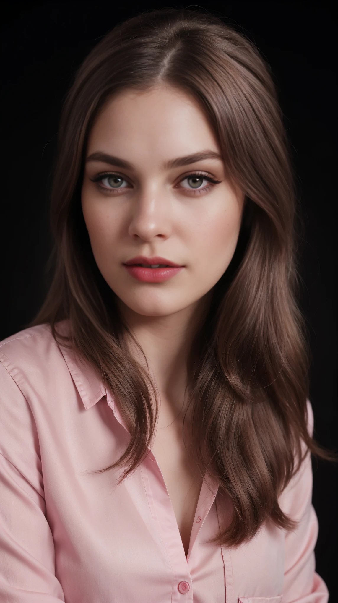Blond brown hair, (RAW photo), (realism: 1.8), (gloss red lipstick, many eyelashes, dark black eye shadow, shy, blushing, high quality, high resolution, depth of collage field, chromatic aberration, caustic, wide light, dark pink glossy skin, (21 year old woman), smartwatch, smartphone, stylish college girl, jeans and pink silk shirt, lots of exposure, pose, visible 8k resolutions,