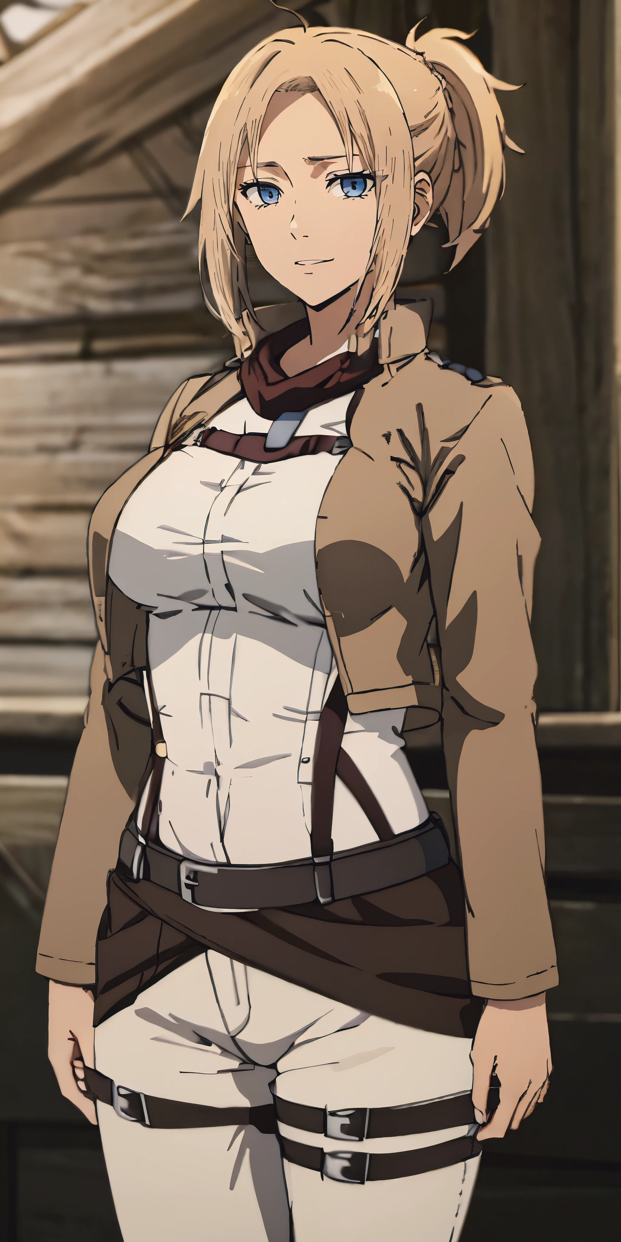 (blonde hair:1.4), blue eyes, low ponytail, large breasts, (best quality, highres, masterpiece:1.2), hmmikasa, scarf, emblem, belt, thigh strap, red scarf, white pants, brown jacket (leather texture), long sleeves, cowboy shot, standing
