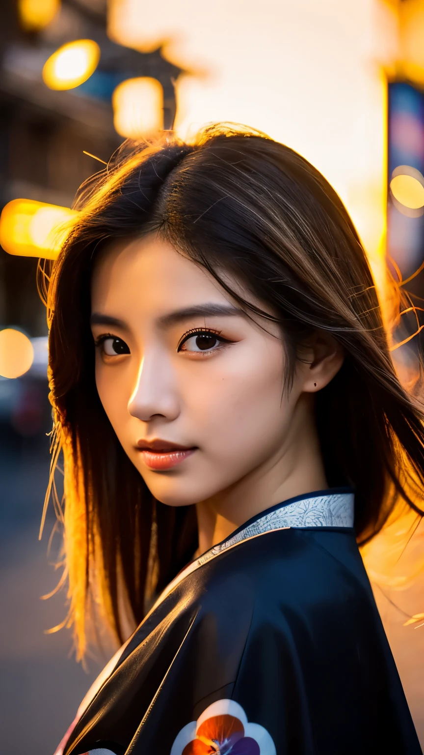 Beautiful Japanese supermodel woman, A lock of hair with slight highlights, black eyes, mixed media, Sexy,street background,Gorgeous kimono , Liquid color flows across her face, sunset,Photographed by Wang Luodan,god of wealth