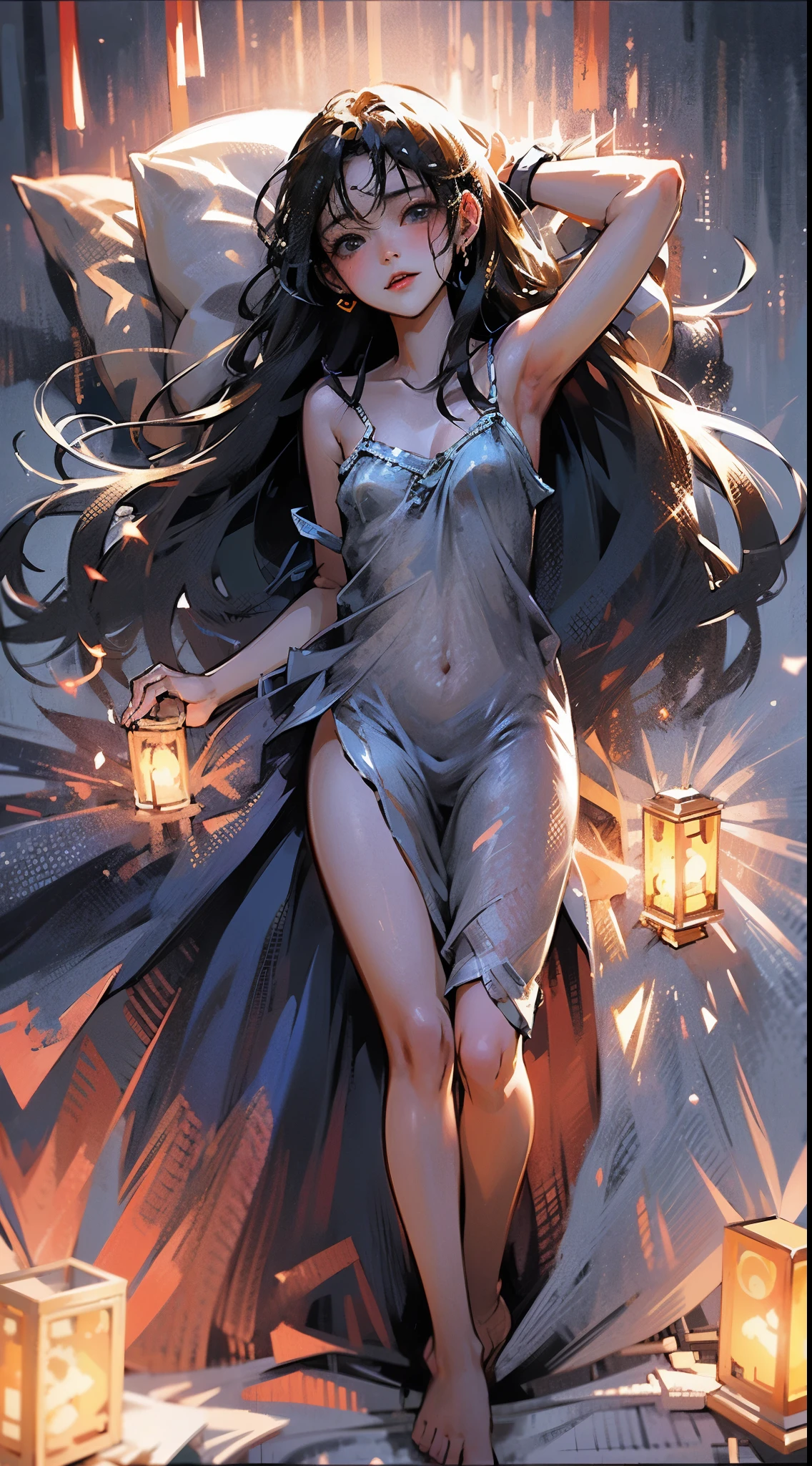 estilo anime, um quarto em uma casa colonial, old furniture, luz de velas, mulher adulta deitada em uma cama colonial, visto de cima, she has random ethnicity and race, long straight hair of random color spread across the colonial bed where she is lying, She is sweaty, tem um corpo esculpido, has small breasts and wears a wet transparent white bra, your nipples are clearly visible, ela usa calcinha branca transparente molhada, your vagina is clearly visible, Your legs are slightly open, your crotch is exposed, she has an angelic face and is embarrassed, your cheeks are slightly red with embarrassment, ela usa um colar simples, it's night, add a window with the moon outside