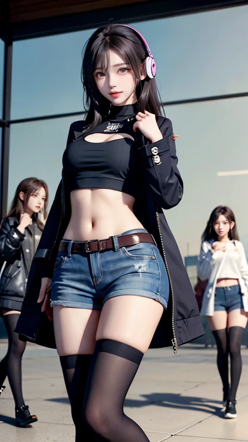 Carrot、Supermodel、perfect shape、Muchimuchi、Three girls are looking at the viewer、　3 girls、、Thighhighs、beautiful feet、hot pants、coat、cyber punk、headphone、gentle smile、Seen by girls from below、Innocent face
