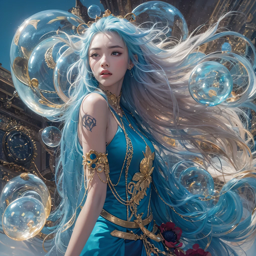 Yellow blue colors,enamel,agate,A flesh-colored world,Blood Blue Maiden 32k(masterpiece,HD,Aoyama Pond,Ultra high quality,32k)long flowing bright blue hair,blood pool,Ziddink, a color,Grumpy (After greeting), (Linen scarf), fighting stance, looking at the ground, long white hair, Floating bright blue, Fire cloud gold headdress, Chinese long-sleeved gold silk burgundy garment, (Abstract metaverse splash:1.2), White background,Peony flower vitality protector(realistically:1.4),bright purple hair,Smoke on the road,The background is very pure, high resolution, detail, RAW photos, Sharp Re, Nikon D850 film photo by Jefferies Lee 4 Kodak Portra 400 camera F1.6 guns, colorful, Ultra-realistic and vivid textures, dramatic lighting, Unreal Engine Art Station Trend, Sinest 800,一个有着long flowing bright blue hair的女孩,huge colorful bubbles