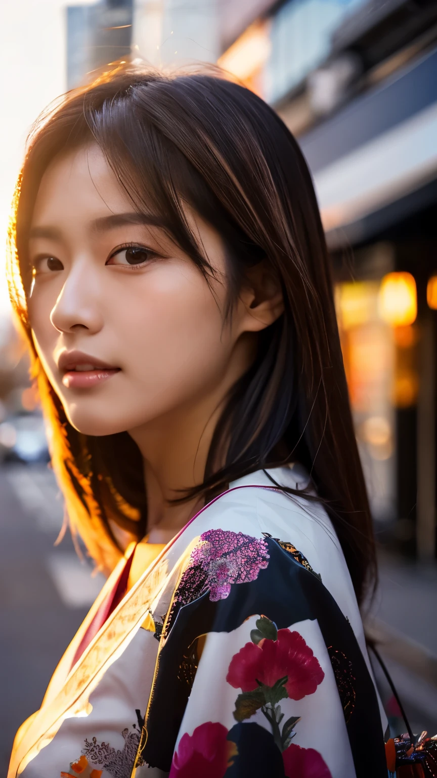 Beautiful Japanese supermodel woman, A lock of hair with slight highlights, black eyes, mixed media, Sexy，street background，Gorgeous kimono , Liquid color flows across her face, sunset，Photographed by Wang Luodan，god of wealth