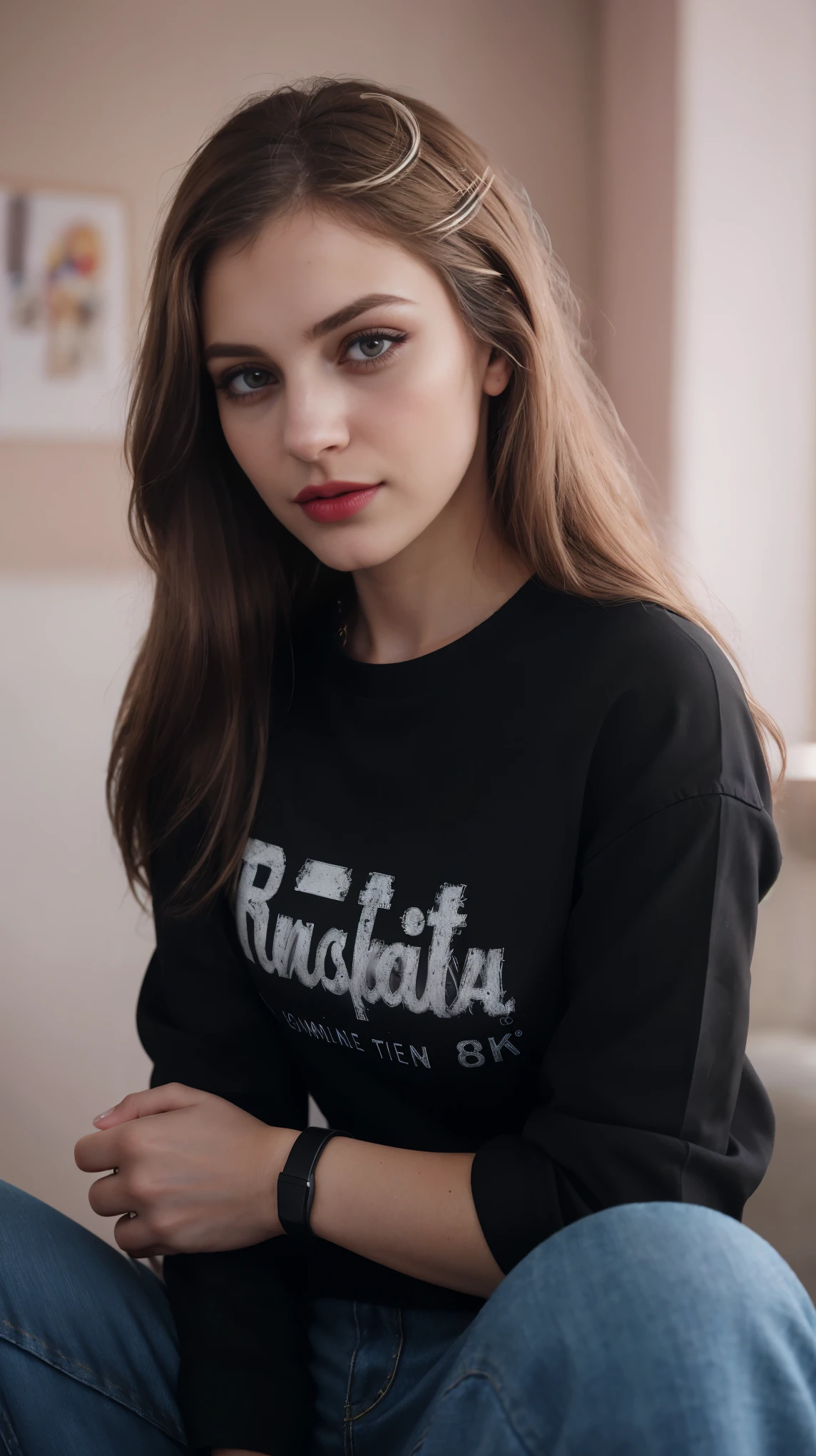 Blond brown hair, (RAW photo), (realism: 1.8), (gloss red lipstick, many eyelashes, dark black eye shadow, shy, blushing, high quality, high resolution, depth of field, chromatic aberration, caustic, wide light, pastel glossy skin, (21 year old woman), smartwatch, smartphone, stylish college girl, jeans t-shirt, lots of exposure, pose, visible 8k resolutions,