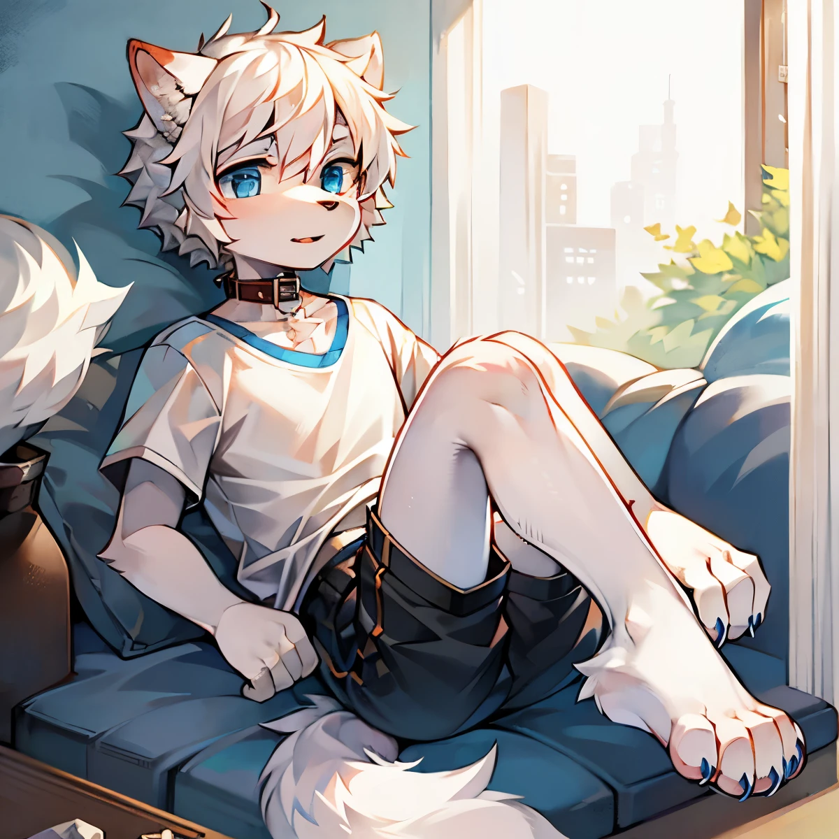  masterpiece，Highest quality，Humanoid，hairy, juvenile，White Tiger，Tiger Tail，Tiger ears，blue eyes，Short white hair，老虎juvenile，孤独的juvenile风格,barefoot