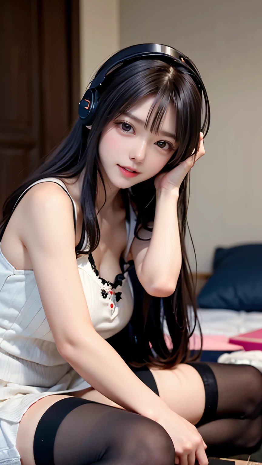 star、Supermodel、Perfect build、Muchimuchi、Three girls are looking at the viewer、girl、、Thighhighs、beautiful feet、、、headphone、gentle smile、seen by girls、Innocent face、、spats