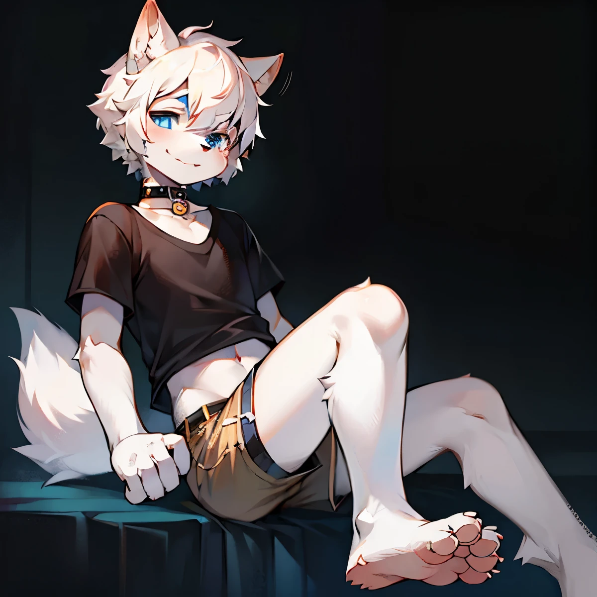 （masterpiece：1.2），（anatomically correct：1.1），（high quality：1.5），（（（solo male personification））1 little wolf，white fur，dark blue eyes，（Tianbi），White Claw，white feet，dog hand，（Detailed dog legs：1.2），4 toes，Details beans，（（1 little wolf）），[Digital painting\（a work of art）：：：0.8]，4 toes，（Motion line：1.1），single furry tail，[watercolor（a work of art）：0.6]，collar，Komono，white hair，Short hair details，t-shirt，gray shorts