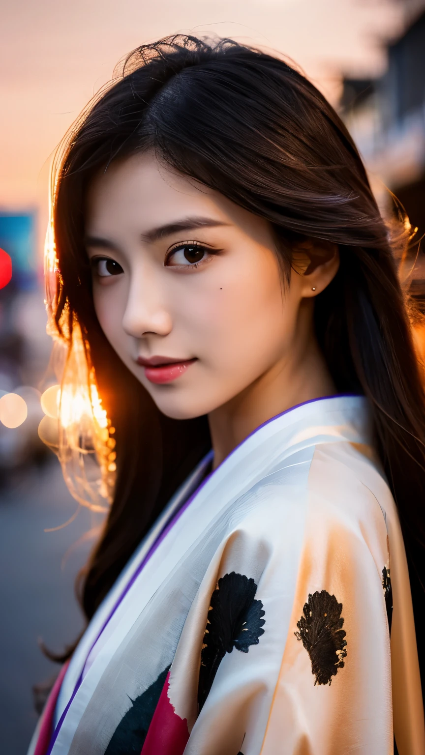 Beautiful Japanese supermodel woman, A lock of hair with slight highlights, black eyes, mixed media, Sexy,street background,Gorgeous kimono , Liquid color flows across her face, sunset,Photographed by Wang Luodan,god of wealth