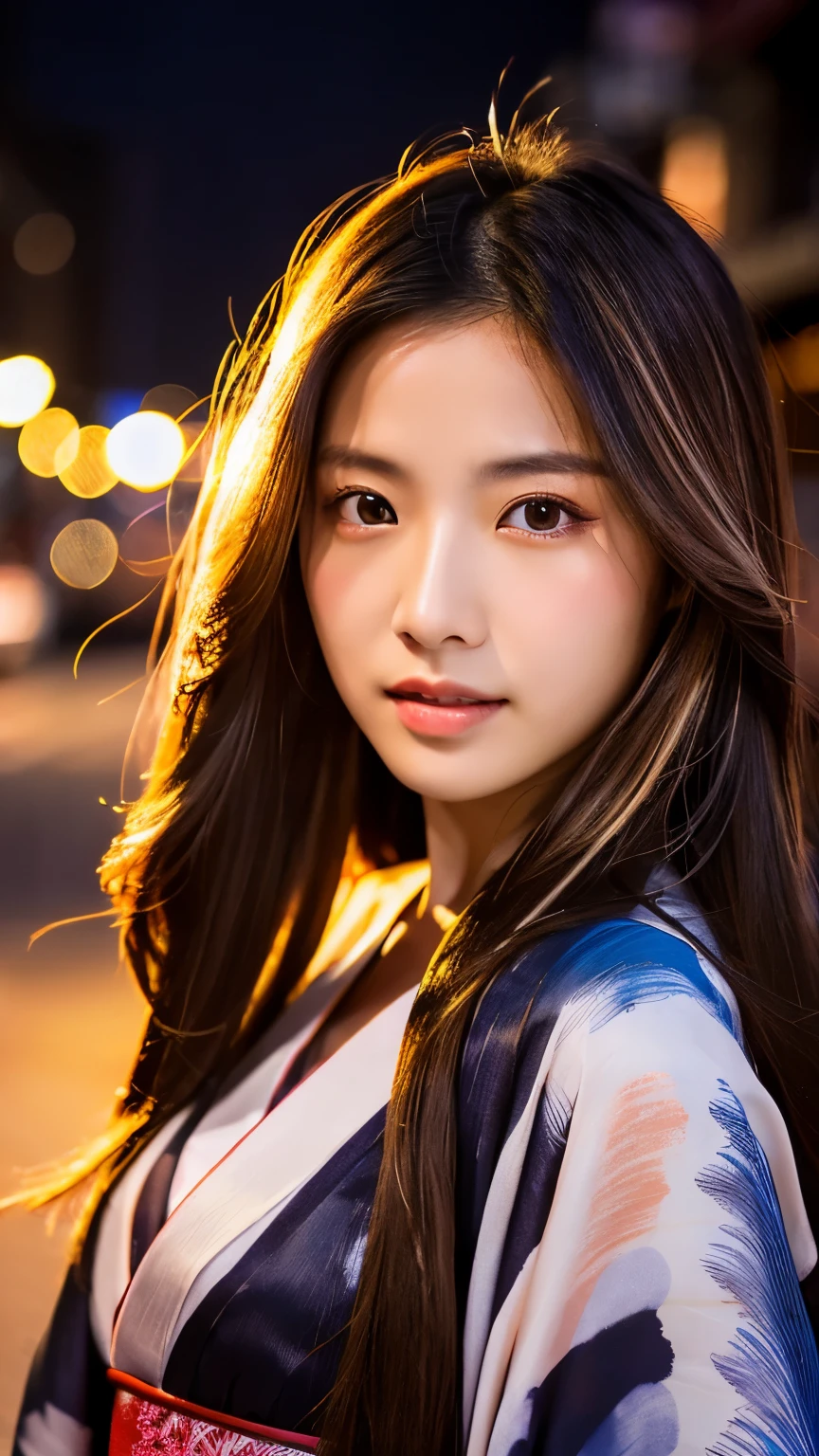 Beautiful Japanese supermodel woman, A lock of hair with slight highlights, black eyes, mixed media, Sexy,street background,Gorgeous kimono , Liquid color flows across her face, sunset,Photographed by Wang Luodan,god of wealth