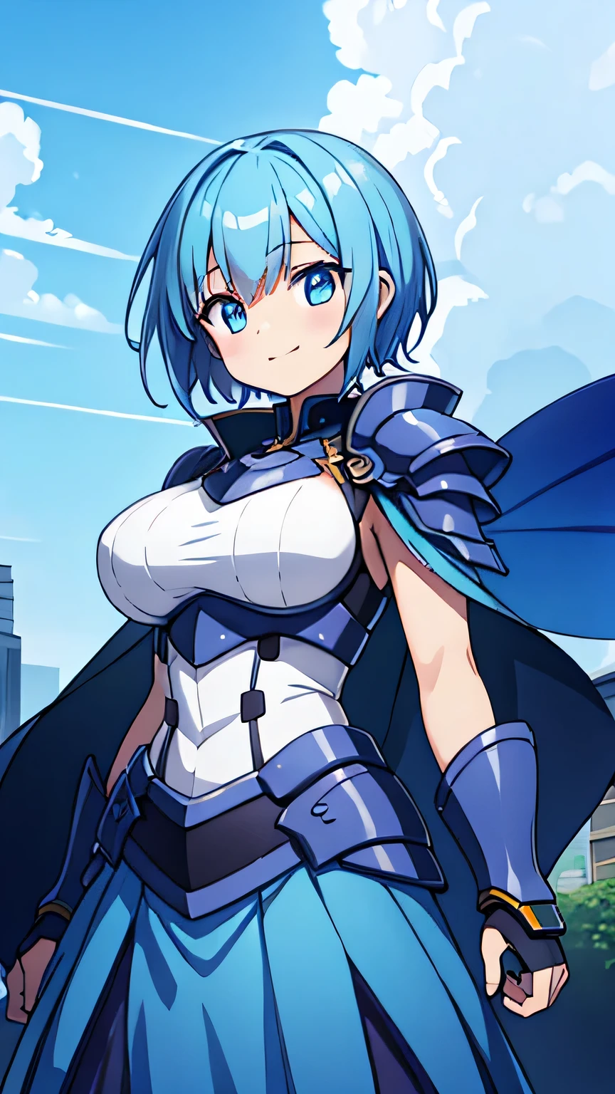 girl,huge breasts,knight armor,blue hair,short hair,droopy eyes,smile