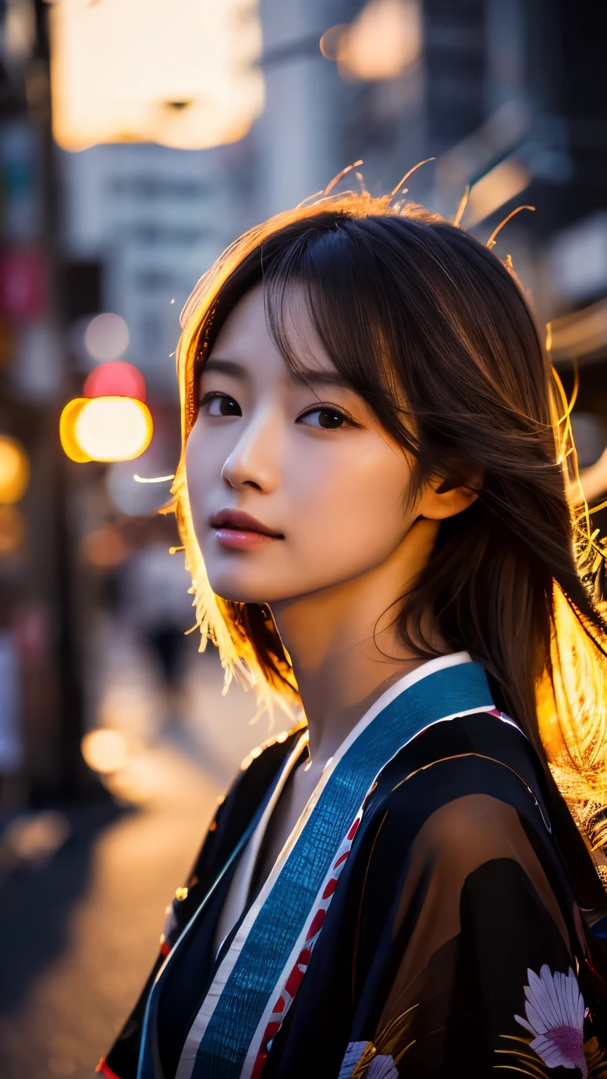 Beautiful Japanese supermodel woman, A lock of hair with slight highlights, black eyes, mixed media, Sexy，street background，Gorgeous kimono , Liquid color flows across her face, sunset，Photographed by Wang Luodan，god of wealth