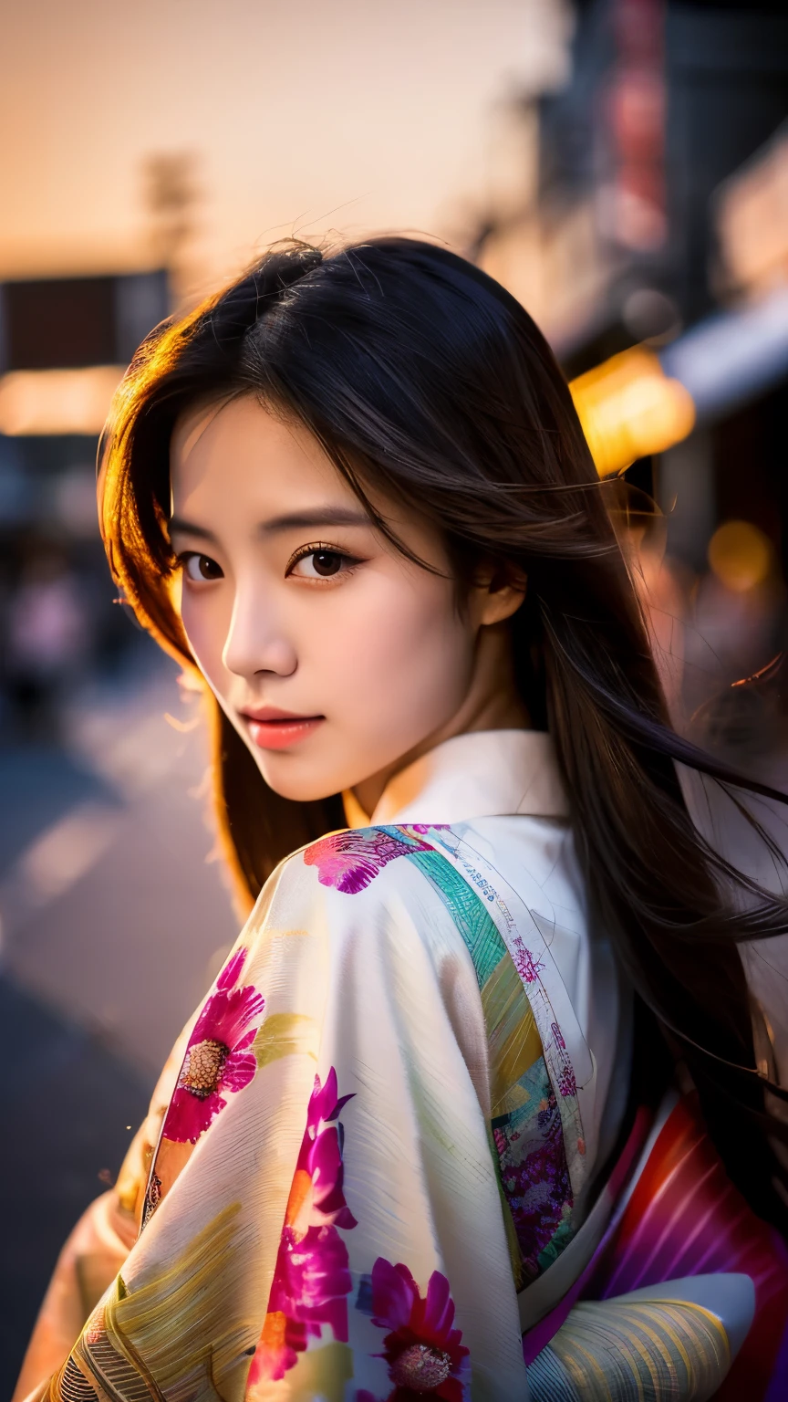 Beautiful Japanese supermodel woman, A lock of hair with slight highlights, black eyes, mixed media, Sexy，street background，Gorgeous kimono , Liquid color flows across her face, sunset，Photographed by Wang Luodan，god of wealth