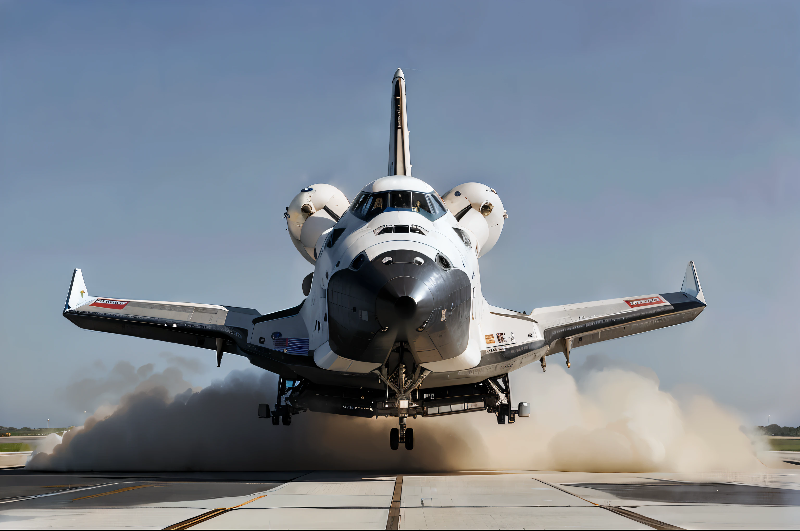 arafed space shuttle taking off from an airport runway, space shuttle, piloting a small space shuttle, spaceship landing, space tourism, on a landing pad, launching to space, nasa space tourism, landed spaceship in background, nasa, it has six thrusters in the back, top secret space plane, at takeoff, photo shot, take off, discovery one