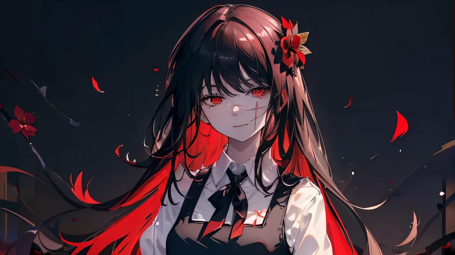 (masterpiece, best quality), yoru, 1girl, long hair, red eyes, scar on face, ringed eyes, pinafore dress, black belt, black ribbon, smile, dark background, red flower, looking at viewer, blood, (wallpaper), (8k hd), black belt, blood drops, (holding red flower:1.2), petals, char in center