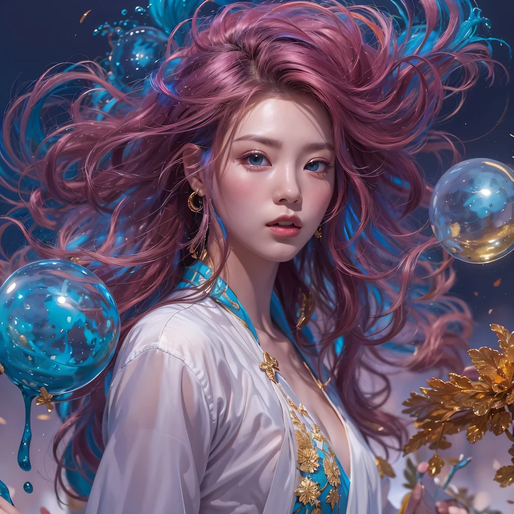 Yellow blue colors，enamel，agate，A flesh-colored world，Blood Blue Maiden 32k（masterpiece，HD，Aoyama Pond，Ultra high quality，32k）long flowing bright blue hair，blood pool，Ziddink， a color，Grumpy （After greeting）， （Linen scarf）， fighting stance， looking at the ground， long white hair， Floating bright blue， Fire cloud gold headdress， Chinese long-sleeved gold silk burgundy garment， （Abstract metaverse splash：1.2）， White background，Peony flower vitality protector（realistically：1.4），bright purple hair，Smoke on the road，The background is very pure， high resolution， detail， RAW photos， Sharp Re， Nikon D850 film photo by Jefferies Lee 4 Kodak Portra 400 camera F1.6 guns, colorful, Ultra-realistic and vivid textures, dramatic lighting, Unreal Engine Art Station Trend, Sinest 800，一个有着long flowing bright blue hair的女孩，huge colorful bubbles