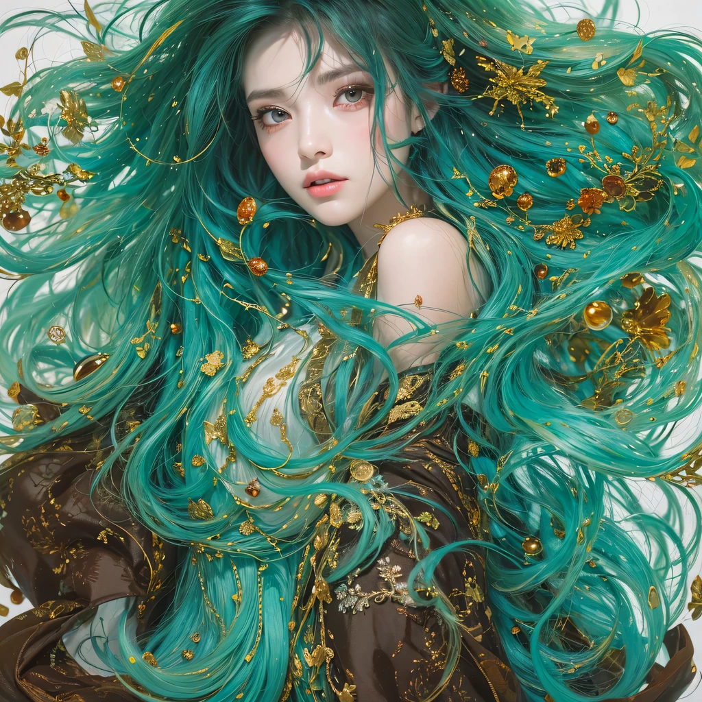 Yellow blue colors，enamel，agate，A flesh-colored world，Blood Blue Maiden 32k（masterpiece，HD，Aoyama Pond，Ultra high quality，32k）long flowing bright blue hair，blood pool，Ziddink， a color，Grumpy （After greeting）， （Linen scarf）， fighting stance， looking at the ground， long white hair， Floating bright blue， Fire cloud gold headdress， Chinese long-sleeved gold silk burgundy garment， （Abstract metaverse splash：1.2）， White background，Peony flower vitality protector（realistically：1.4），bright purple hair，Smoke on the road，The background is very pure， high resolution， detail， RAW photos， Sharp Re， Nikon D850 film photo by Jefferies Lee 4 Kodak Portra 400 camera F1.6 guns, colorful, Ultra-realistic and vivid textures, dramatic lighting, Unreal Engine Art Station Trend, Sinest 800，一个有着long flowing bright blue hair的女孩，huge colorful bubbles
