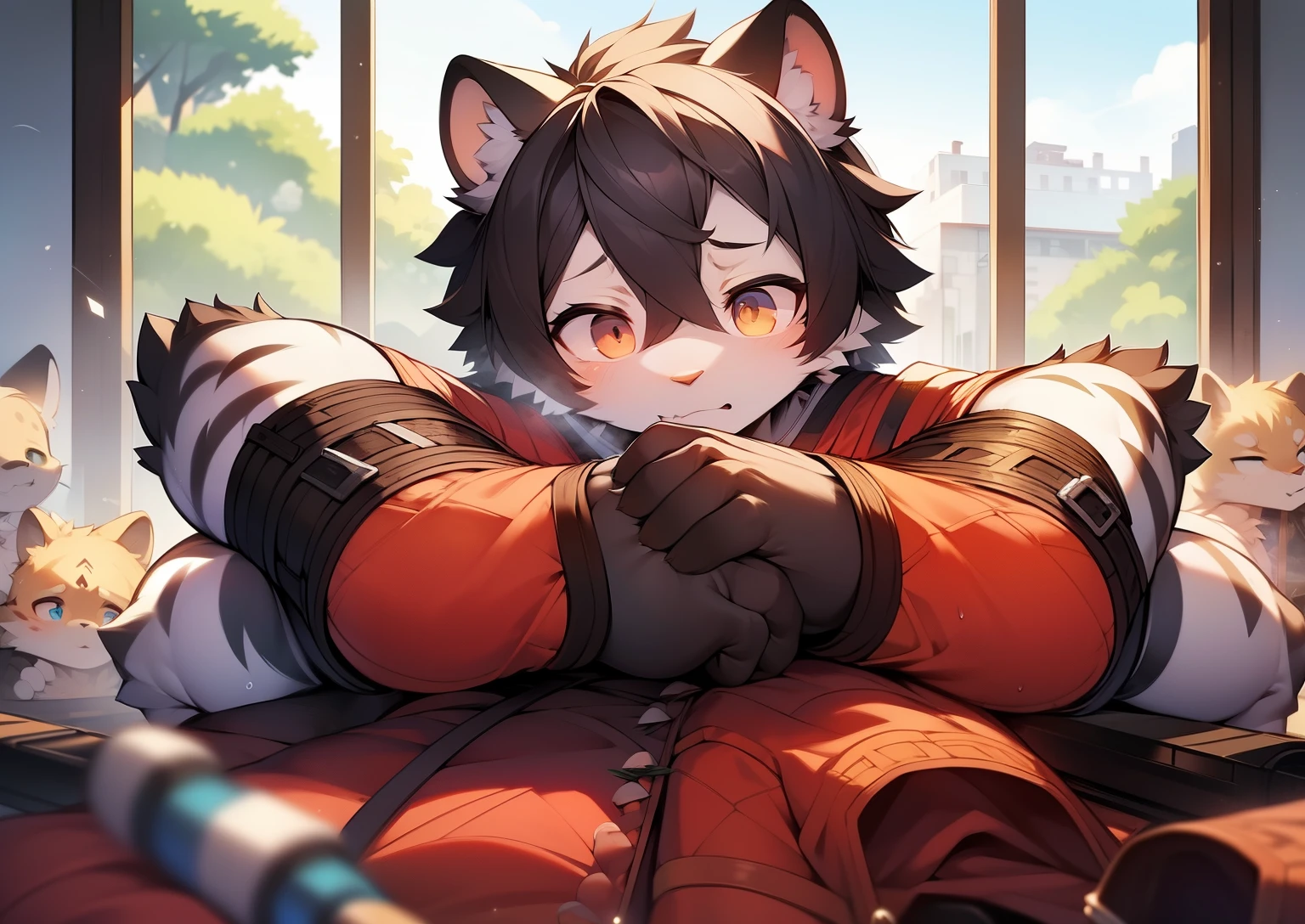 Have a well-proportioned figure,White Tiger,On the cheongsam,martial arts palm,blue stripes,Take it,bet,Facing the sunshine outside the window,practice boxing,fetal,sweating、panting,side,the only person,driving pile,Black straps tighten the waist,black hair,