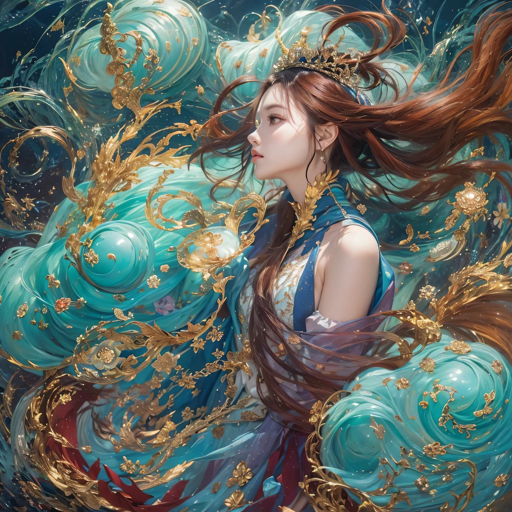 Yellow blue colors,enamel,agate,A flesh-colored world,Blood Blue Maiden 32k(masterpiece,HD,Aoyama Pond,Ultra high quality,32k)long flowing bright blue hair,blood pool,Ziddink, a color,Grumpy (After greeting), (Linen scarf), fighting stance, looking at the ground, long white hair, Floating bright blue, Fire cloud gold headdress, Chinese long-sleeved gold silk burgundy garment, (Abstract metaverse splash:1.2), White background,Peony flower vitality protector(realistically:1.4),bright purple hair,Smoke on the road,The background is very pure, high resolution, detail, RAW photos, Sharp Re, Nikon D850 film photo by Jefferies Lee 4 Kodak Portra 400 camera F1.6 guns, colorful, Ultra-realistic and vivid textures, dramatic lighting, Unreal Engine Art Station Trend, Sinest 800,一个有着long flowing bright blue hair的女孩,huge colorful bubbles