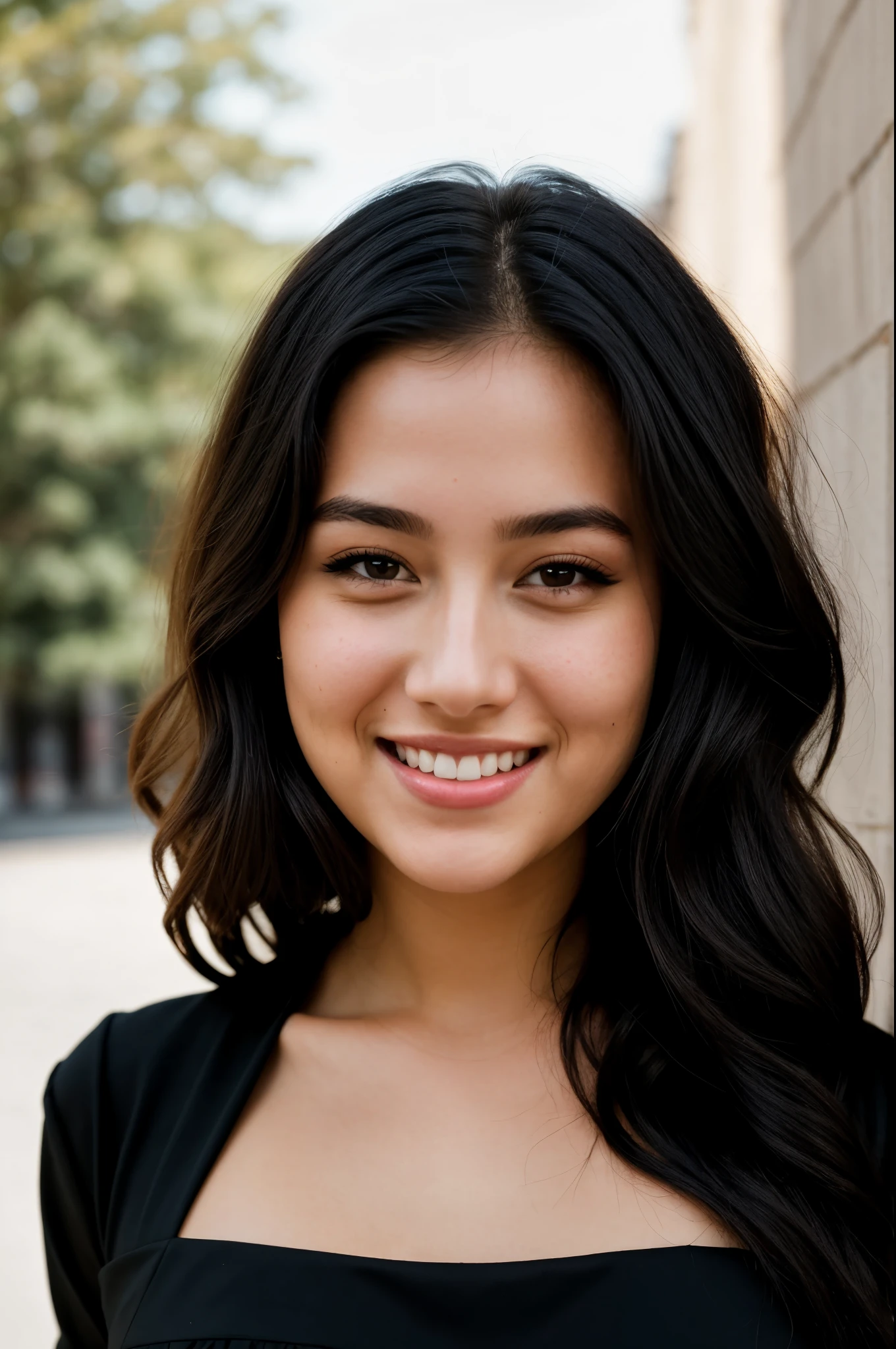 RAW photo, face portrait photo of beautiful 26 y.o woman, cute face, wearing black dress, happy face, hard shadows, cinematic shot, dramatic lighting
