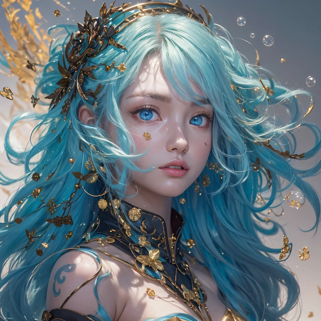 Yellow blue colors,enamel,agate,A flesh-colored world,Blood Blue Maiden 32k(masterpiece,HD,Aoyama Pond,Ultra high quality,32k)long flowing bright blue hair,blood pool,Ziddink, a color,Grumpy (After greeting), (Linen scarf), fighting stance, looking at the ground, long white hair, Floating bright blue, Fire cloud gold headdress, Chinese long-sleeved gold silk burgundy garment, (Abstract metaverse splash:1.2), White background,Peony flower vitality protector(realistically:1.4),bright purple hair,Smoke on the road,The background is very pure, high resolution, detail, RAW photos, Sharp Re, Nikon D850 film photo by Jefferies Lee 4 Kodak Portra 400 camera F1.6 guns, colorful, Ultra-realistic and vivid textures, dramatic lighting, Unreal Engine Art Station Trend, Sinest 800,一个有着long flowing bright blue hair的女孩,huge colorful bubbles
