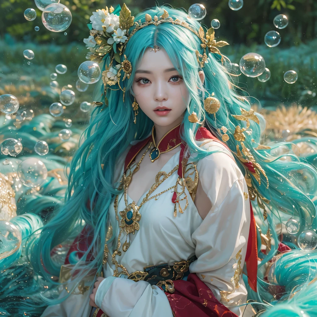 Yellow blue colors,enamel,agate,A flesh-colored world,Blood Blue Maiden 32k(masterpiece,HD,Aoyama Pond,Ultra high quality,32k)long flowing bright blue hair,blood pool,Ziddink, a color,Grumpy (After greeting), (Linen scarf), fighting stance, looking at the ground, long white hair, Floating bright blue, Fire cloud gold headdress, Chinese long-sleeved gold silk burgundy garment, (Abstract metaverse splash:1.2), White background,Peony flower vitality protector(realistically:1.4),bright purple hair,Smoke on the road,The background is very pure, high resolution, detail, RAW photos, Sharp Re, Nikon D850 film photo by Jefferies Lee 4 Kodak Portra 400 camera F1.6 guns, colorful, Ultra-realistic and vivid textures, dramatic lighting, Unreal Engine Art Station Trend, Sinest 800,一个有着long flowing bright blue hair的女孩,huge colorful bubbles