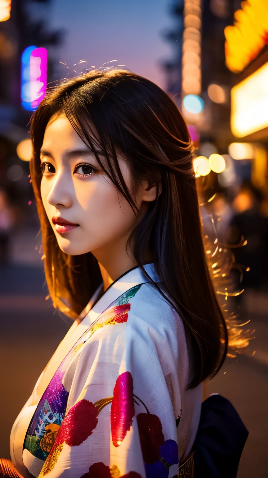 Beautiful Japanese supermodel woman, A lock of hair with slight highlights, black eyes, mixed media, Sexy，street background，Gorgeous kimono , Liquid color flows across her face, sunset，Photographed by Wang Luodan，god of wealth