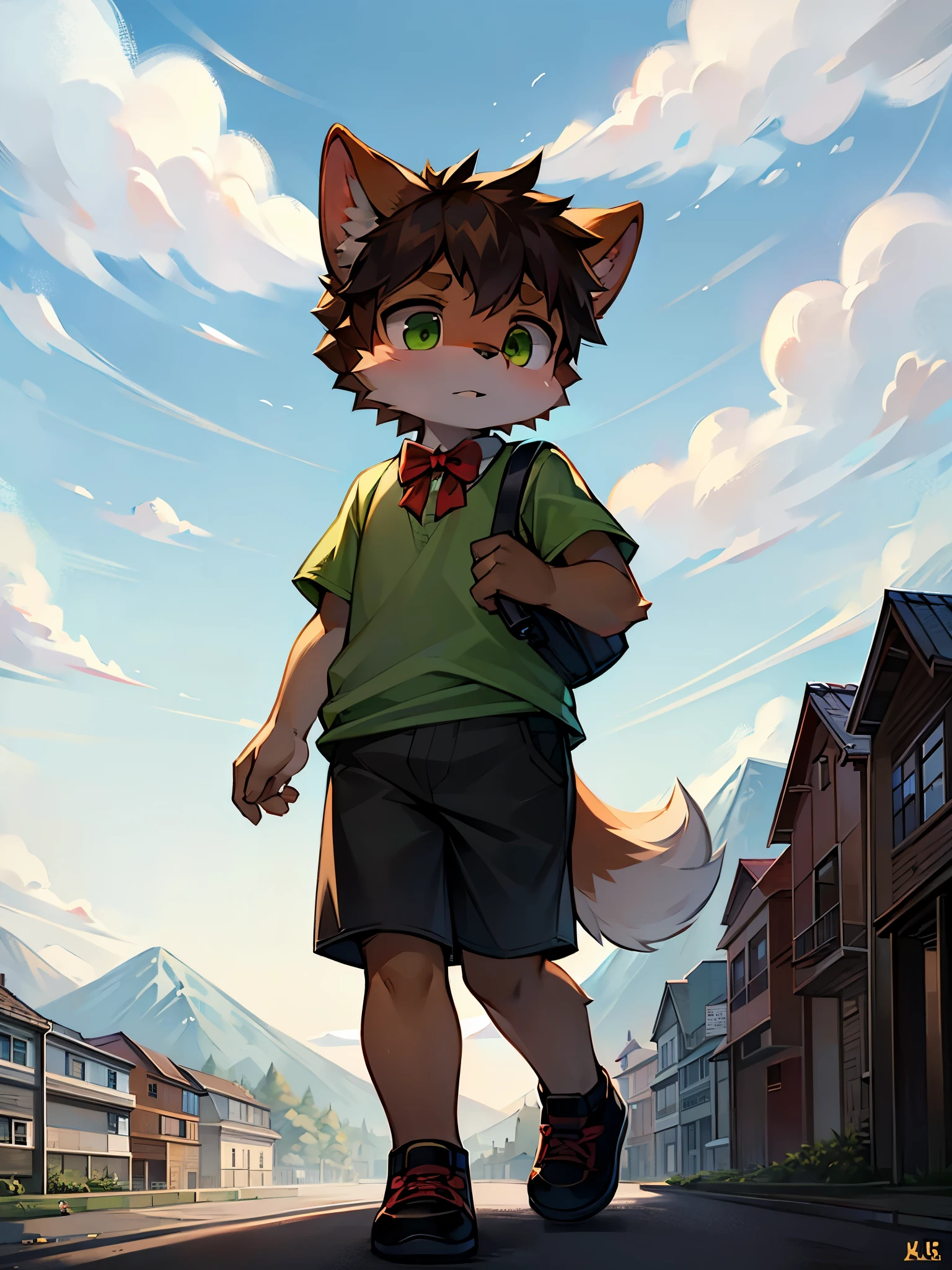 A dog, ((little boy)), cute, light brown fur, big green eyes, (green T-shirt), brown shorts, red bow tie, black shoes, with a schoolbag, running on the street, nervous facial depiction, surrounded by mountains, at noon, white clouds, bright sunshine, brilliant light and shadow, fine facial depiction, correct hand depiction, accurate detail depiction, 4K ultra clear