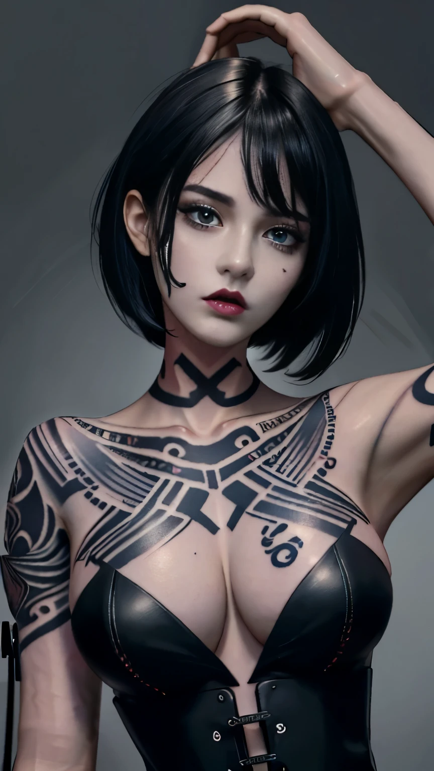 Angry Face, one woman,BDSM,slave,Rubber,Black Corset,Bondage,Collar,NSFW,((Best Quality, 8k, Masterpiece:2))), Crisp Focus: 1.2、(Layer Cut, Big:1.3),Beautiful Woman with Perfect Figure: 2、Slender Abs:1.3、Wet Body:1.7、Highly Detailed Face and Skin Texture、Detailed Eyes、Double Eyelids,cool beauty,tall woman,short hair,black hair,Precisely expresses details such as face and skin texture,beautiful eye, double eyelid,delicate skin,slender body shape,alone,(medium breasts:1.4),(beautiful tattoo:1.7)