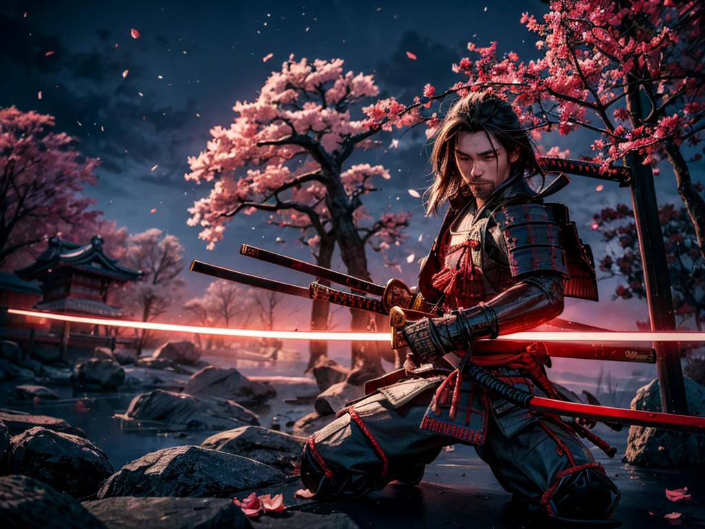 A samurai fighting against a ninja,traditional Japanese art style, dramatic lighting, intense action,foggy battlefield,Detailed katana, shurikens flying, sword clashing, dynamic poses, stealthy ninja mask, intense colors, traditional Japanese armor, cherry blossom trees, power and agility, masterful strikes, a battle between honor and stealth, highly detailed characters, vibrant colors, realistic textures, dynamic composition, high-resolution masterpiece, photorealistic rendering
