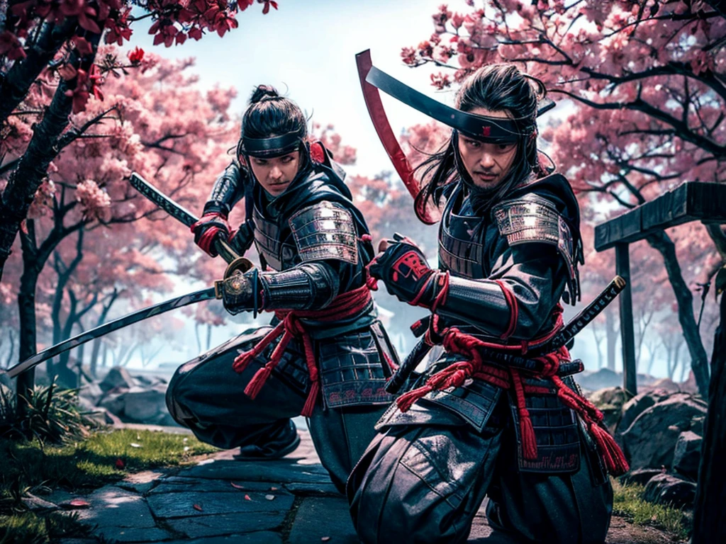 A samurai fighting against a ninja,traditional Japanese art style, dramatic lighting, intense action,foggy battlefield,Detailed katana, shurikens flying, sword clashing, dynamic poses, stealthy ninja mask, intense colors, traditional Japanese armor, cherry blossom trees, power and agility, masterful strikes, a battle between honor and stealth, highly detailed characters, vibrant colors, realistic textures, dynamic composition, high-resolution masterpiece, photorealistic rendering