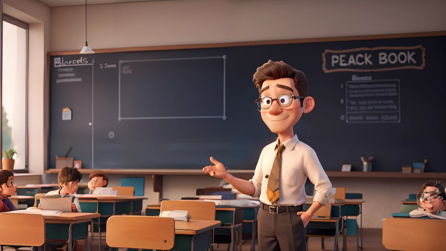 Teacher giving lecture in front of blackboard,The blackboard needs to be bigger,There are no words on the blackboard,The teacher stands on the edge of the blackboard,The teacher only shows his upper body,The style is cute comics,perfect face