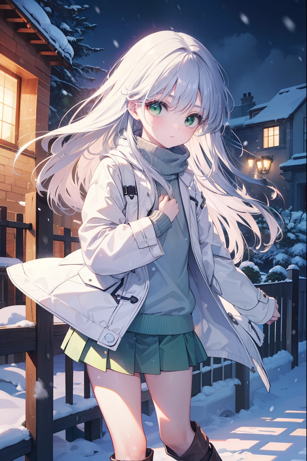 index, index, (green eyes:1.5), silver hair, long hair, (flat chest:1.2),赤色winter用ニット帽,white coat The front is open,white sweater,white mini skirt,brown short boots,winter,snow is falling,It's snowing,cold sky,
break looking at viewer, Upper body, whole body,
break outdoors, garden,
break (masterpiece:1.2), highest quality, High resolution, unity 8k wallpaper, (figure:0.8), (detailed and beautiful eyes:1.6), highly detailed face, perfect lighting, Very detailed CG, (perfect hands, perfect anatomy),