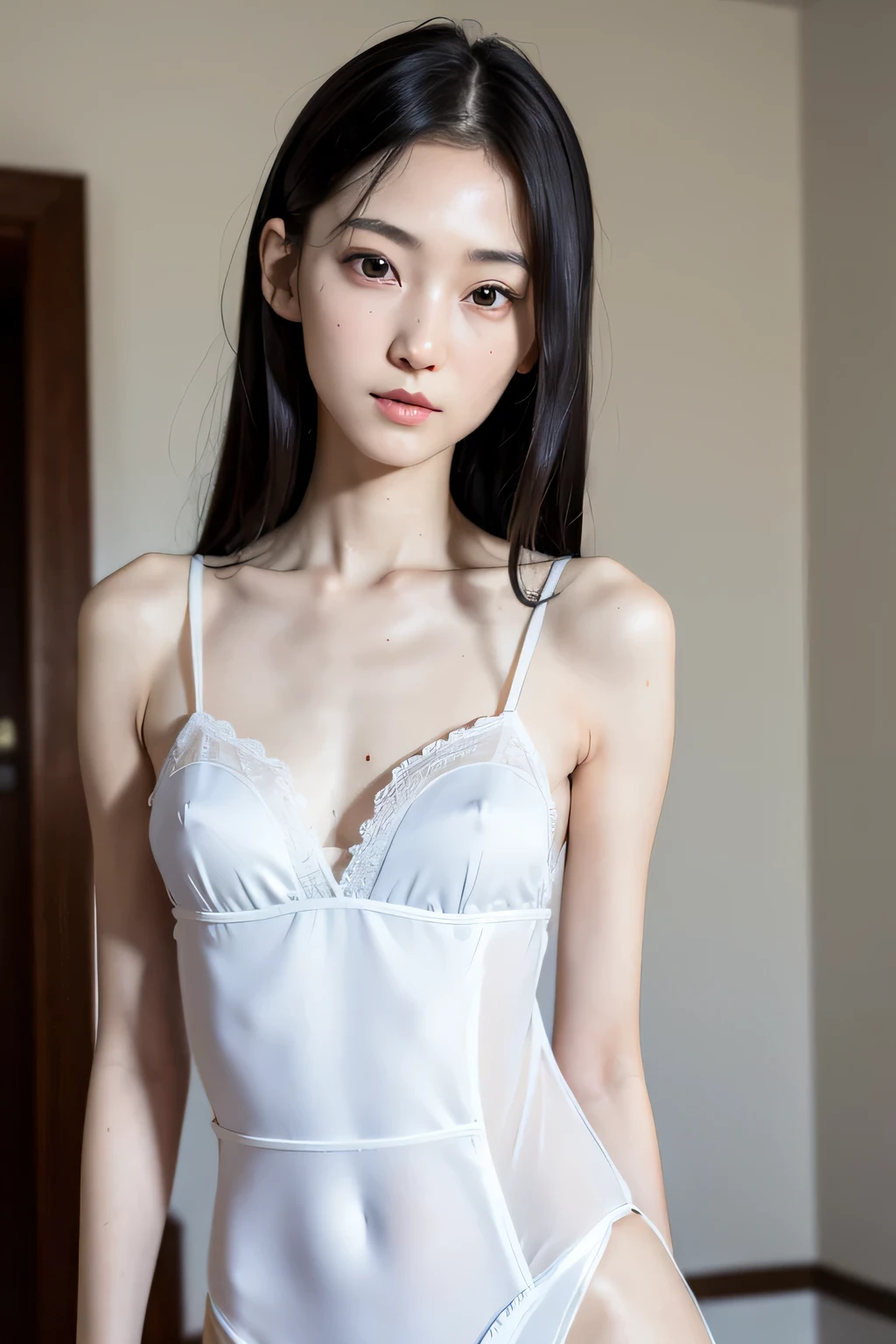 8k、High resolution、maid clothes fashion、beautiful girl、slender body、young、white skin,、narrow eyes,high nose,lighting that illuminates the face、clear image、intellectual beauty、skinny、no makeup、anxious look、lighting that illuminates the face,shining hair、single eyelid,black costume、