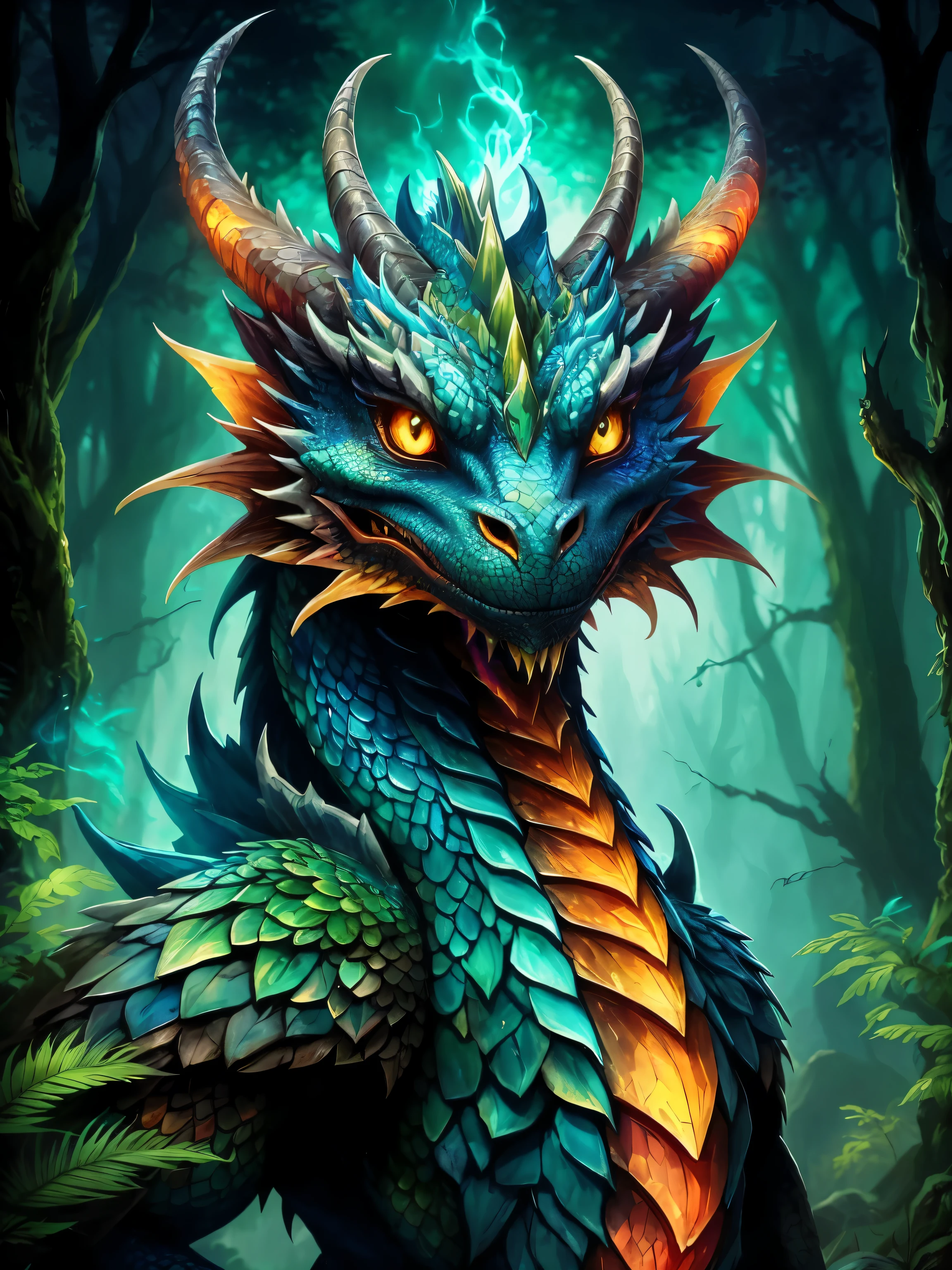 a close up of a dragon with a glowing head in a forest, dragon portrait, dragon art, portrait of a dragon, cyan chinese dragon fantasy, epic dragon, oil painting of dragon, as an anthropomorphic dragon, blue dragon, blue scaled dragon, hearthstone card game artwork. ”, anthro dragon art, hearthstone card game artwork, fantasy card game art
