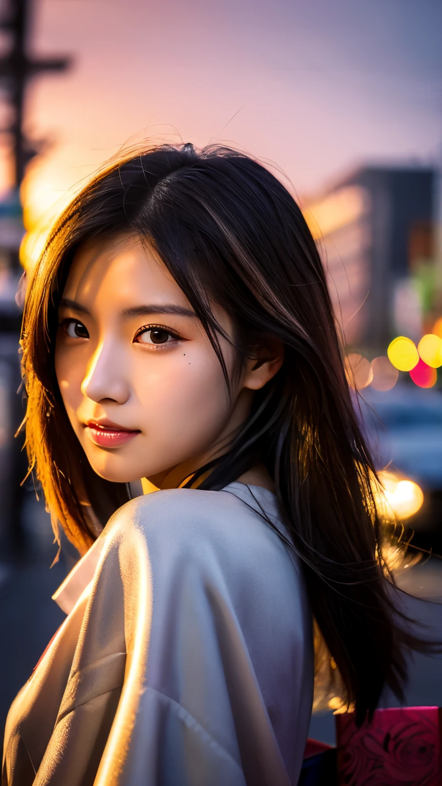 Beautiful Japanese supermodel woman, A lock of hair with slight highlights, black eyes, mixed media, Sexy,street background,Gorgeous kimono , Liquid color flows across her face, sunset,Photographed by Wang Luodan,god of wealth